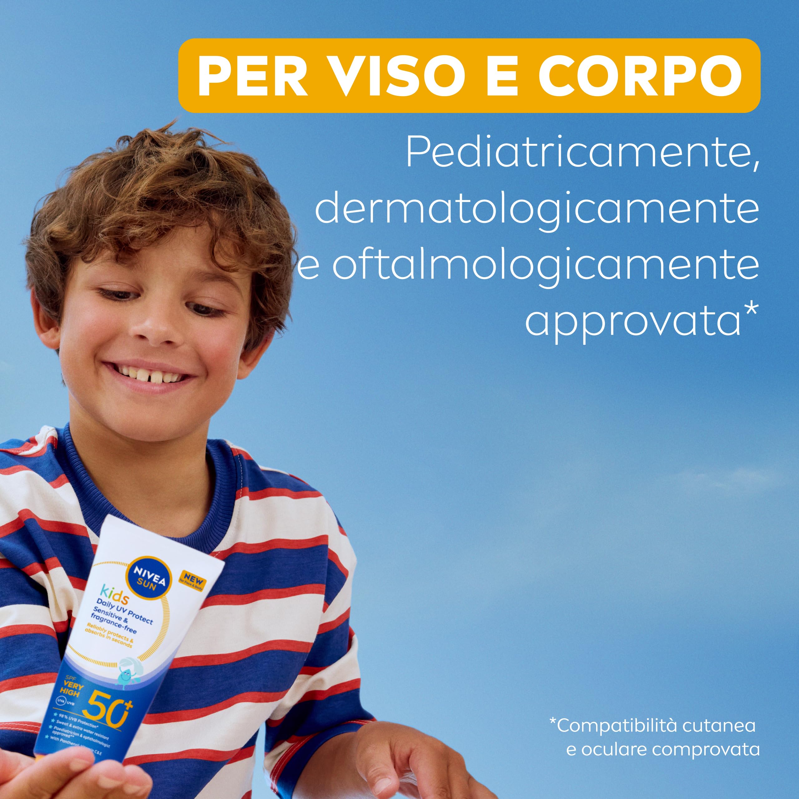 NIVEA SUN Kids Protezione UV Quotidiana SPF 50+ 100 ml, Crema solare 50 bambini per viso e corpo, Protezione solare 50 bambini extra resistente all'acqua, Per pelli sensibili, Senza profumo