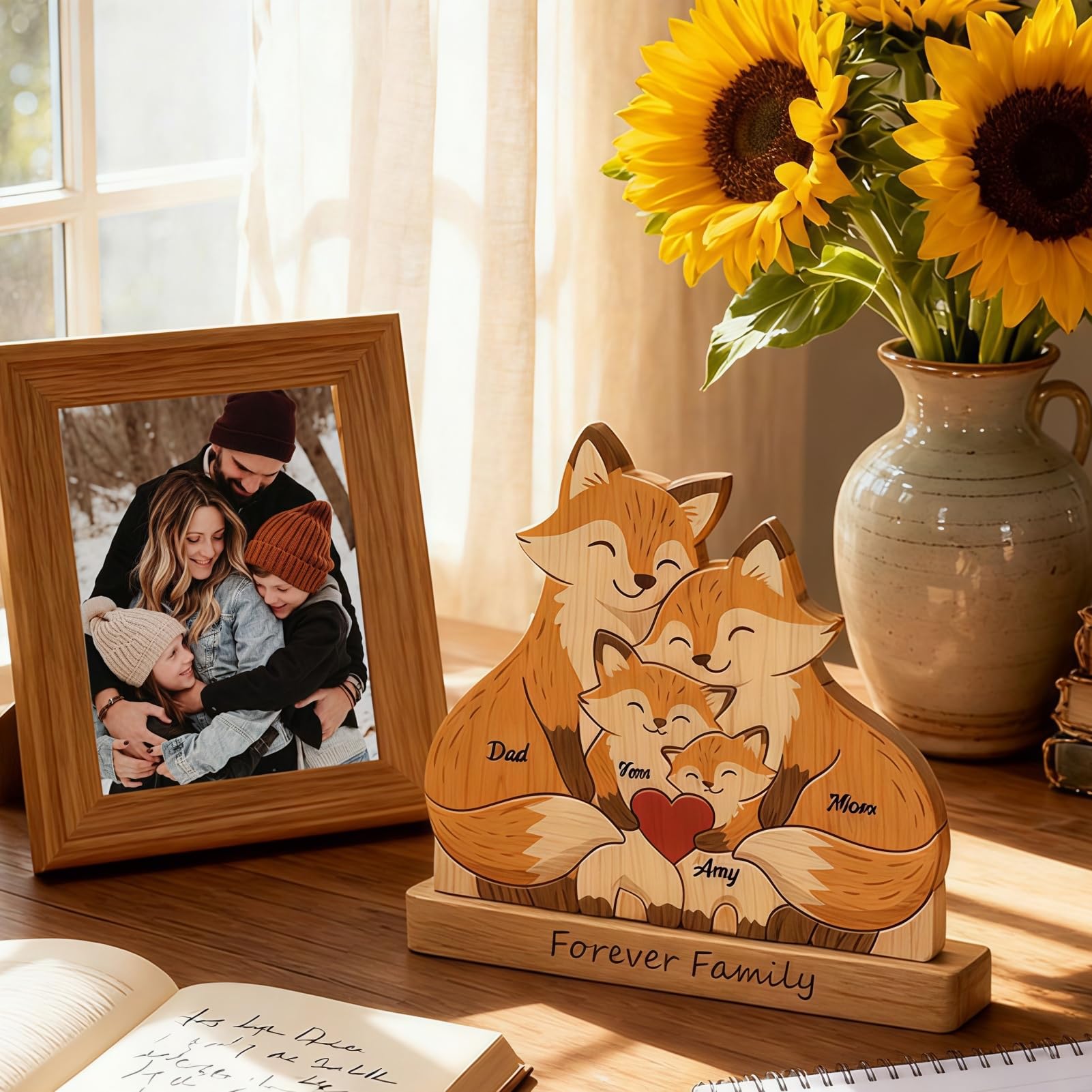 Drawelry Puzzle en Bois Personnalisé Famille avec Figurine Animale Gravée, Décoration Maison Cadeau pour Maman Papa Enfant Renard-A