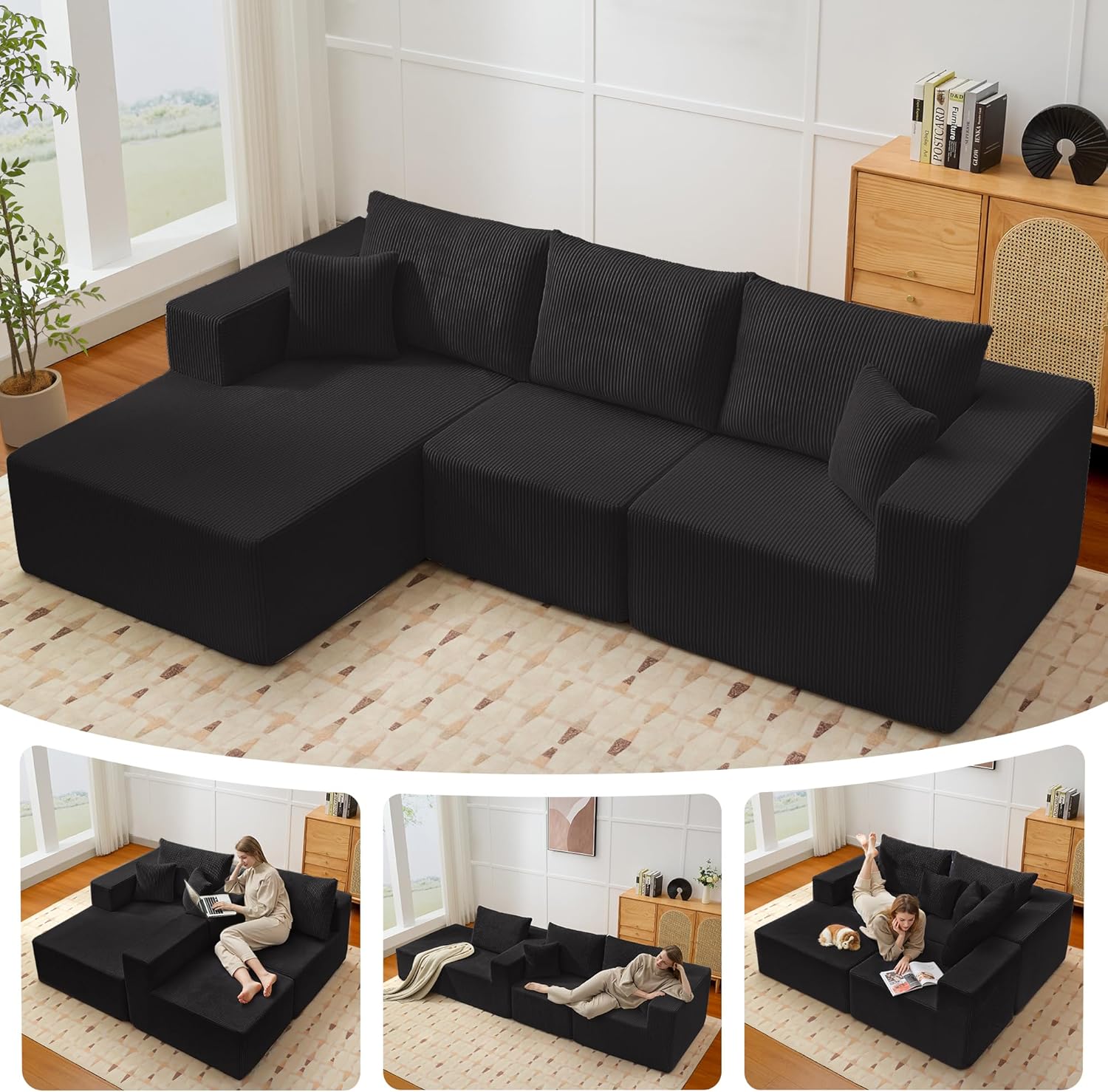 Modular Sectional Sofa for Living Room, 108" Cloud Couch Sectional with L-Shape Chaise, Modern Upholstered Corduroy Boneless Couch with Memory Foam Deep Seat, No Assembly Required (Black)