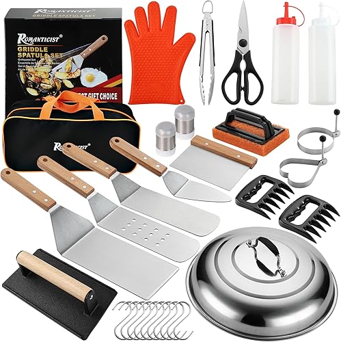 ROMANTICIST Kit de accesorios de parrilla de grado profesional, 30 piezas de herramientas de parrilla plana para desayuno, parrilla al aire libre,