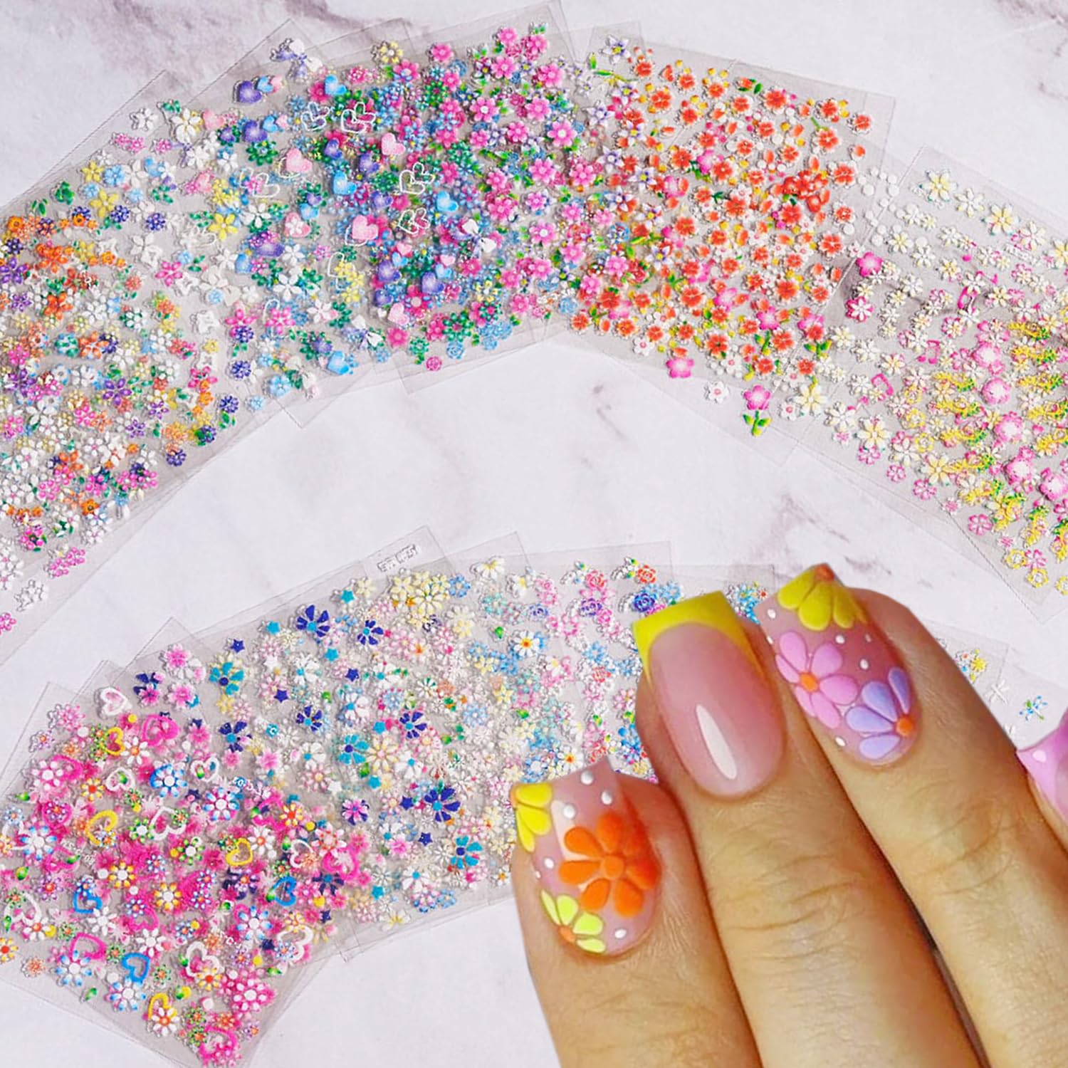 30 Sheets Colorful Flower Nail Art Stickers 3D Self Adhesive Nail Art Supplies Cute Daisy Heart Bow Knot Nail Design Stickers Floral Nail Decals