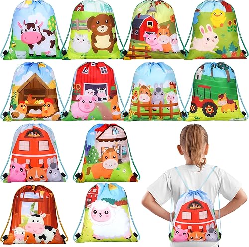 Rtteri Paquete de 24 bolsas con cordón de granja de 12 x 10 pulgadas, bolsa de regalo de fiesta de animales de granja, suministros para fiesta de