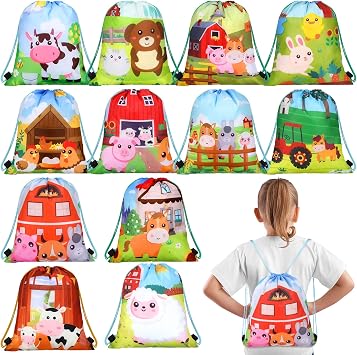 Rtteri 24 Pack Farm Drawstring Bags 12 x 10 Inch Farm Animal Party Supplies