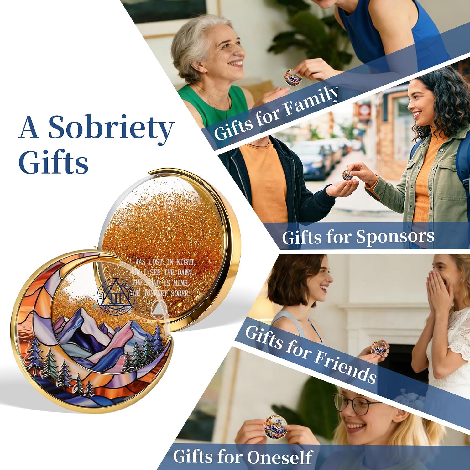 Moving Sand 3 Year Sobriety Coin - Moon and Mountain Three Year Recovery Coin AA Chip,NA Medallion with Token Capsule Inspirational Sobriety Gifts for Women Men