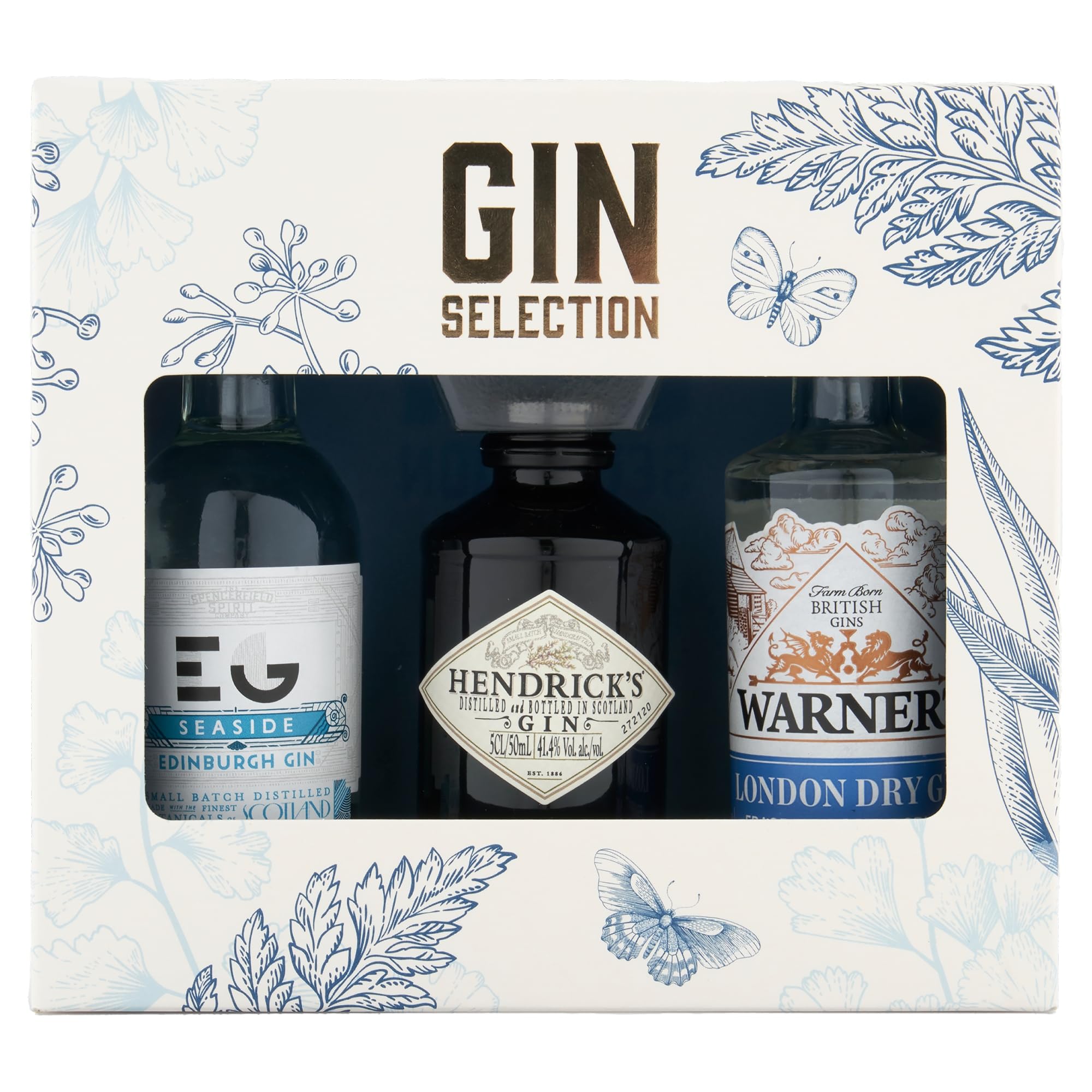 Gin Selection Trio, 3x 5cl – Edinburgh Seaside (43% ABV), Hendrick’s (41.4%) and Warner’s London Dry (40%).