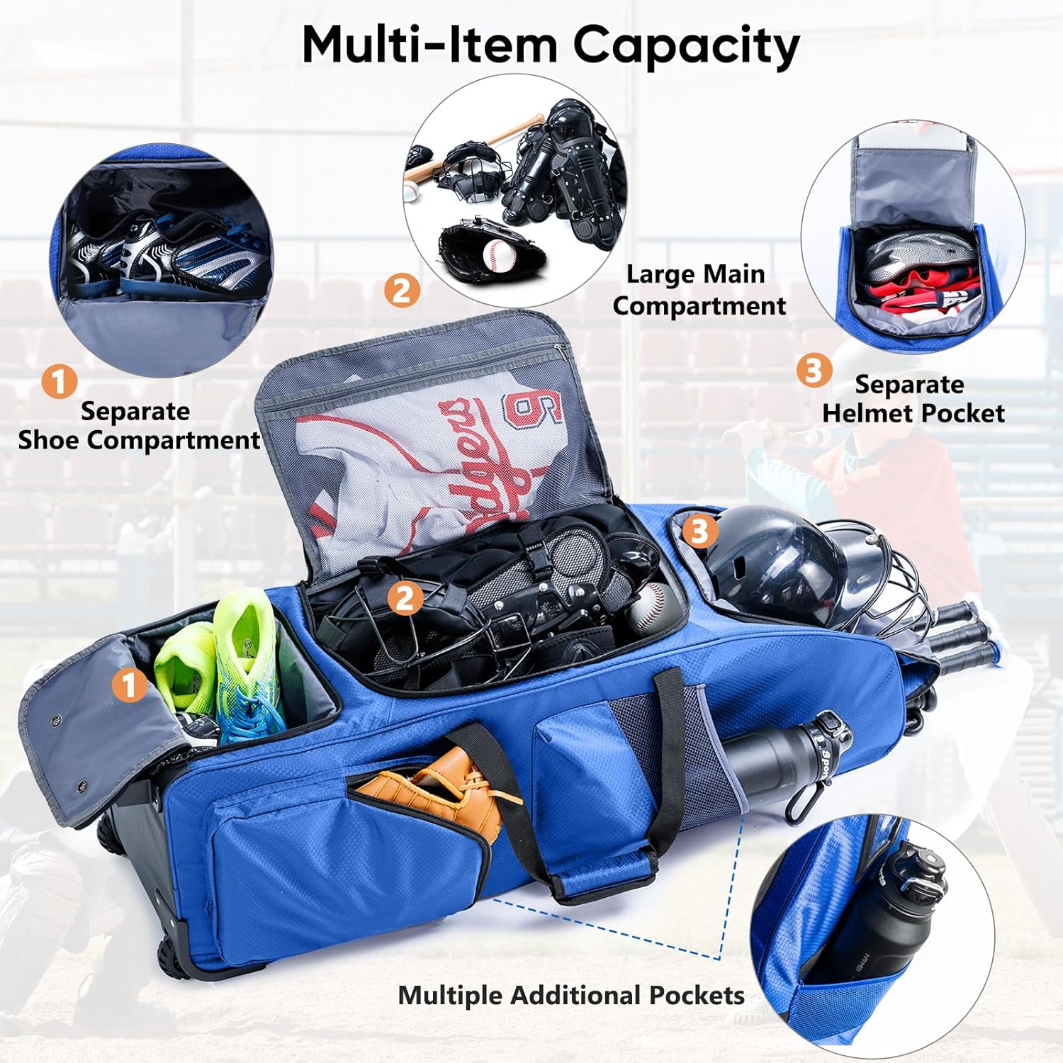 Large Rolling Baseball Catchers Gear Bag with Wheels, Softball Bag with Hard Backing for 4 Bats,Equipment Bag with Separate Shoe & Helmet Compartments, Youth Baseball Bag with 360° Spinner Wheels