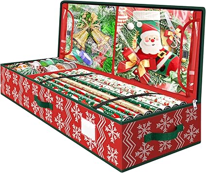 Wrapping Paper Organizer Storage, Christmas Wrapping Paper Storage with Flexible Partition & Pockets for Christmas Decorations, Ribbon, Underbed Gift Wrap Organizer for HolidayWave and Snowflake/Red