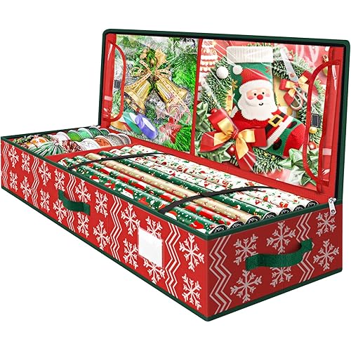 Wrapping Paper Organizer Storage, Christmas Wrapping Paper Storage with Flexible Partition & Pockets for Christmas Decorations, Ribbon, Underbed Gift Wrap Organizer for Holiday(Wave and Snowflake/Red)