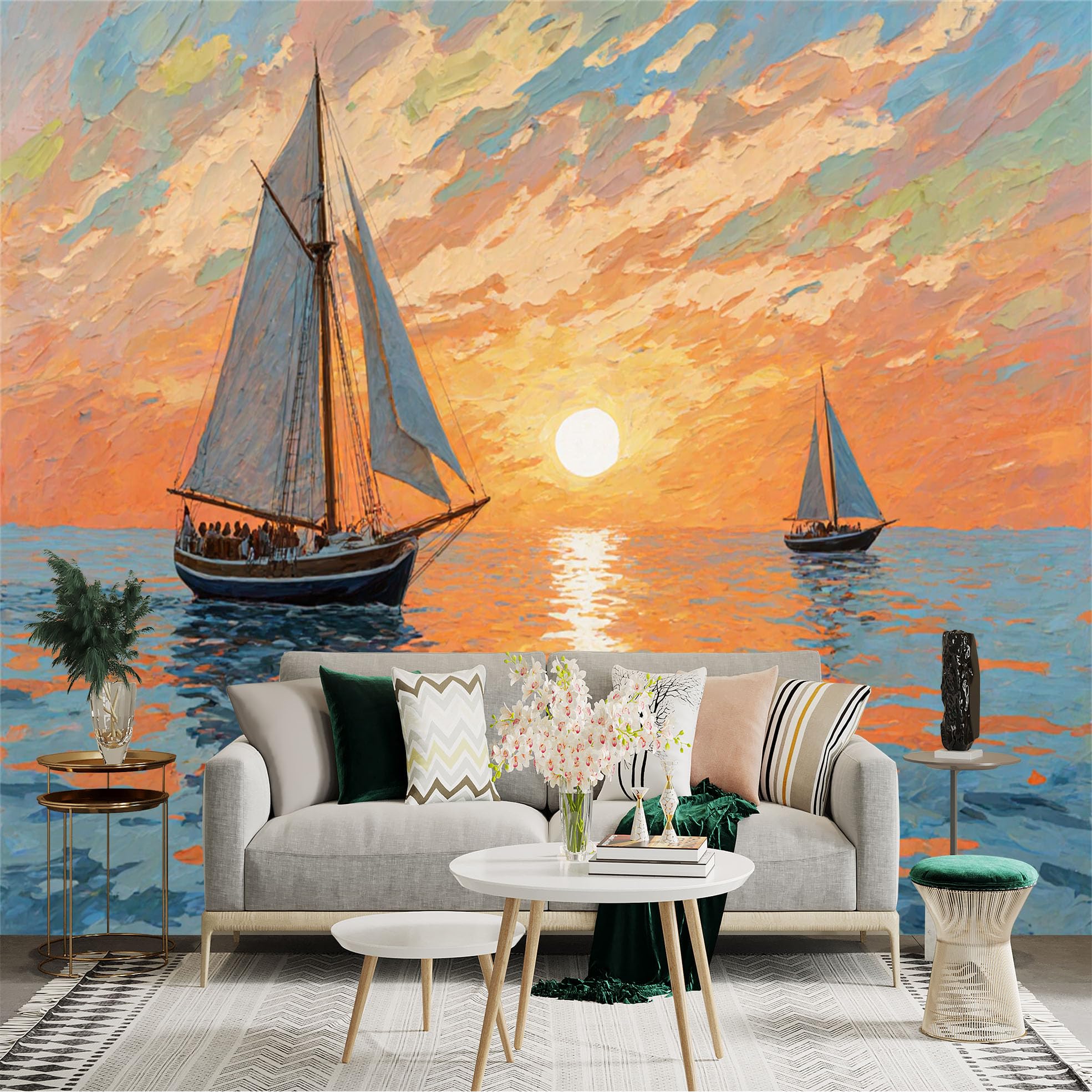 Custom Size Wall Sticker Mural， Sailboats on Ocean at Sunset with Colorful Sky and Reflections， for wall Decoration， peelandstick wall Decals.