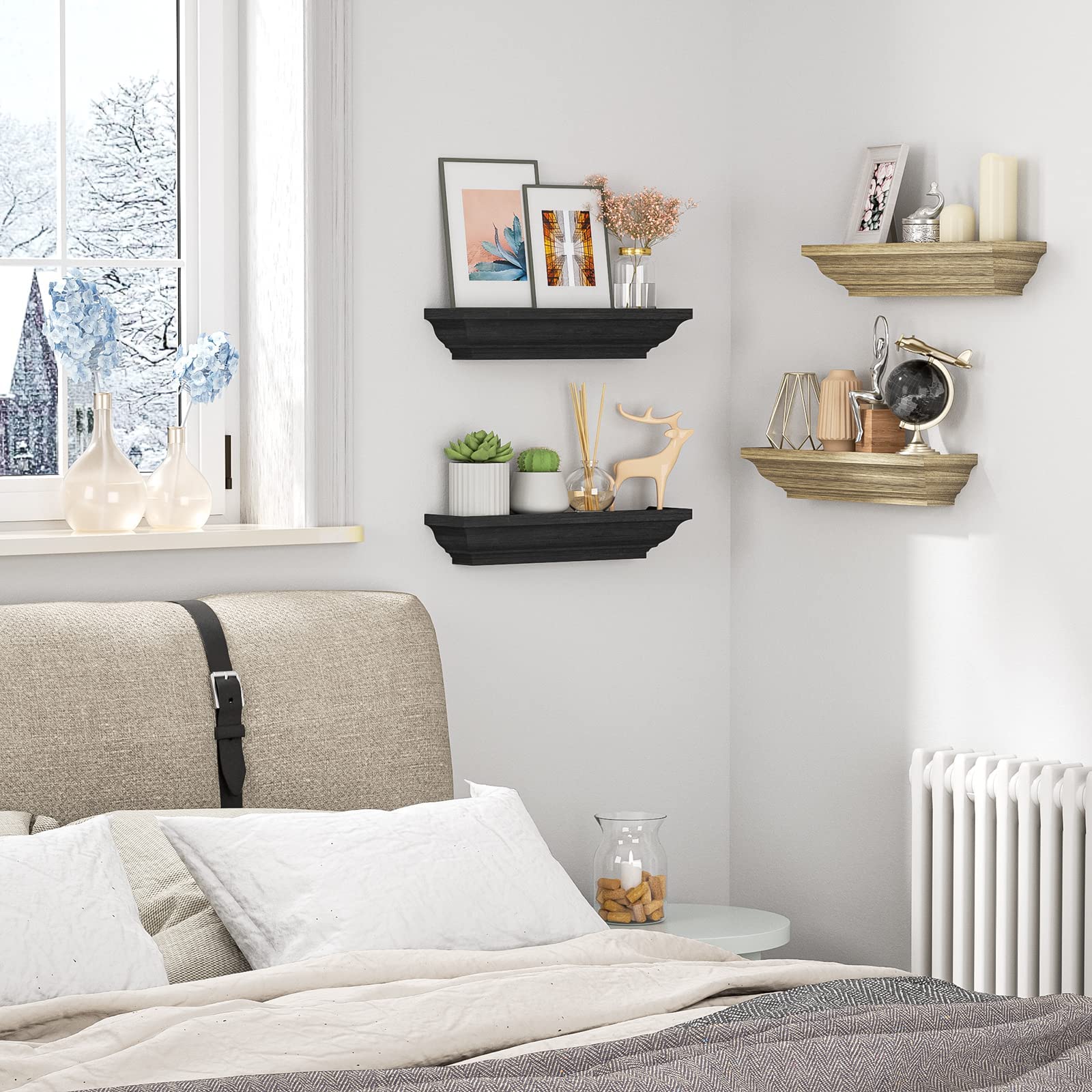 Alsonerbay Floating Shelves Black, Wood Shelves Rustic Shelves for Wall Storage, Wall Mounted Shelves for Bedroom Living Room Bathroom, 17 Inch 2 Pcs