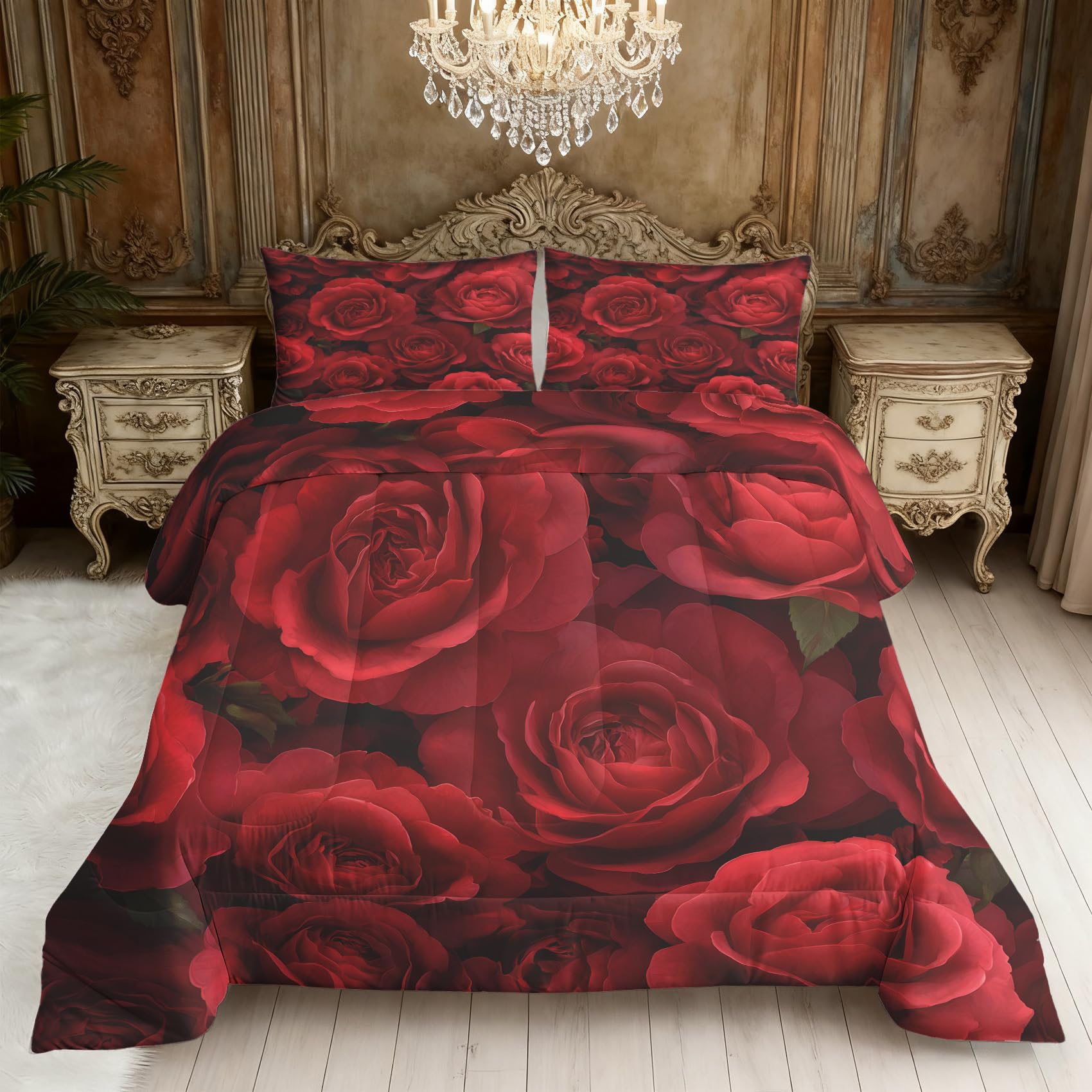 Generisch Bettdecke 155x220 Blumen Rot - 4 Jahreszeiten, Vintage 3D Rosen Blumenmuster Steppdecke & 1 Kissenbezug 80x80 - Schlafzimmer Deko, Weiche Mikrofaser Ganzjahresdecke Ohne Bezug #m350