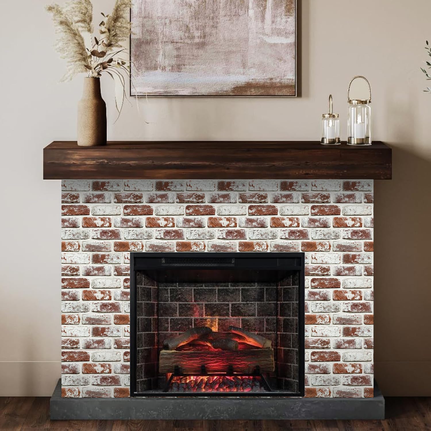 COMSTICKC 3D Faux Brick Wall Panels Peel and Stick,10 Pcs of 12"X12",Small Size Self Adhesive Brick Wallpaper Background for Interior Wall Decor, Whitewash Red