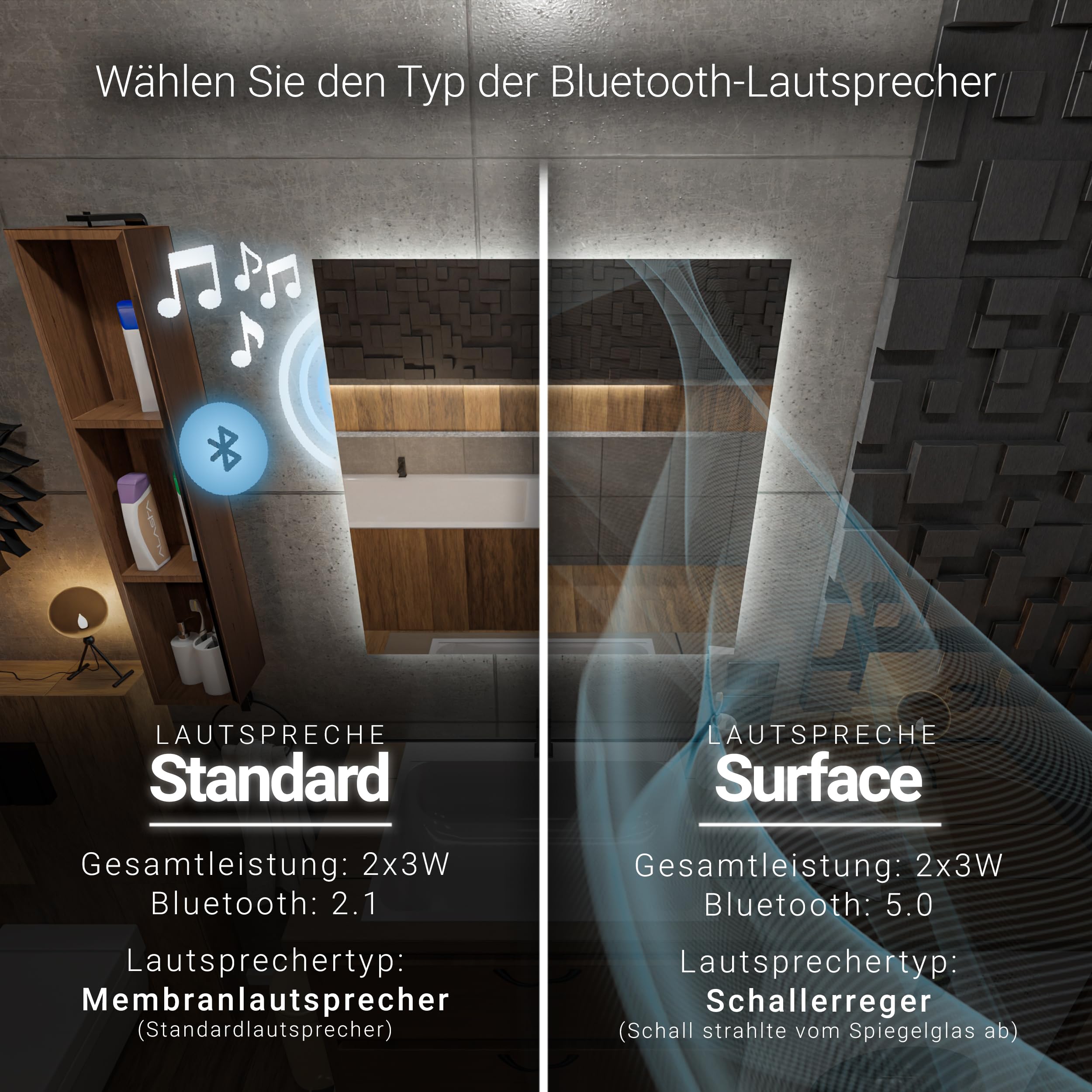 Atlanta LED-Badspiegel 60 x 70 cm, individuell konfigurierbar, mit optionalem Kosmetikspiegel, Spiegelheizung und wählbarer Lichtfarbe