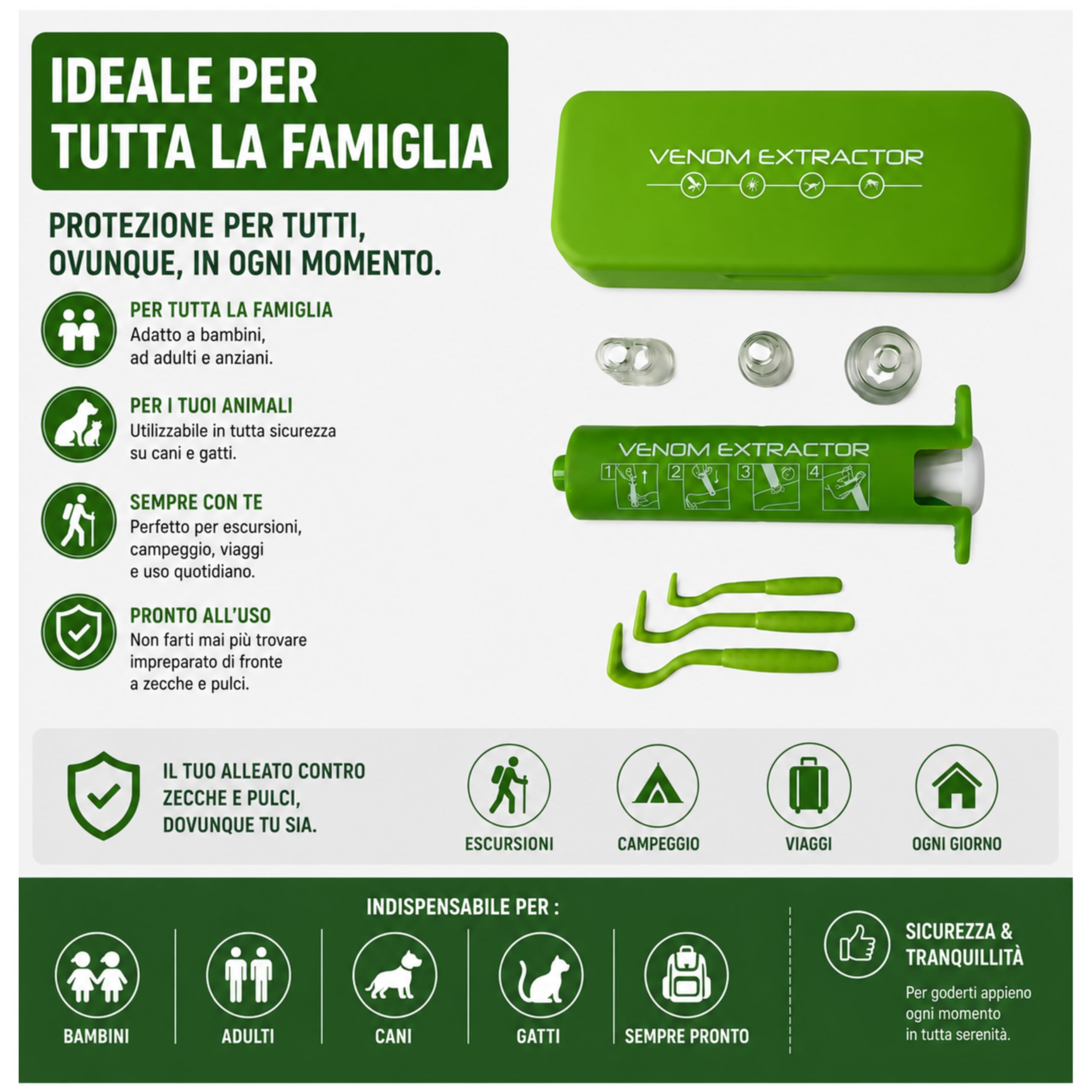 Kit d’emergenza 2 in 1 – Aspira-veleno + Ganci leva zecche | Confezione compatta per punture di insetti e morsi di zecche