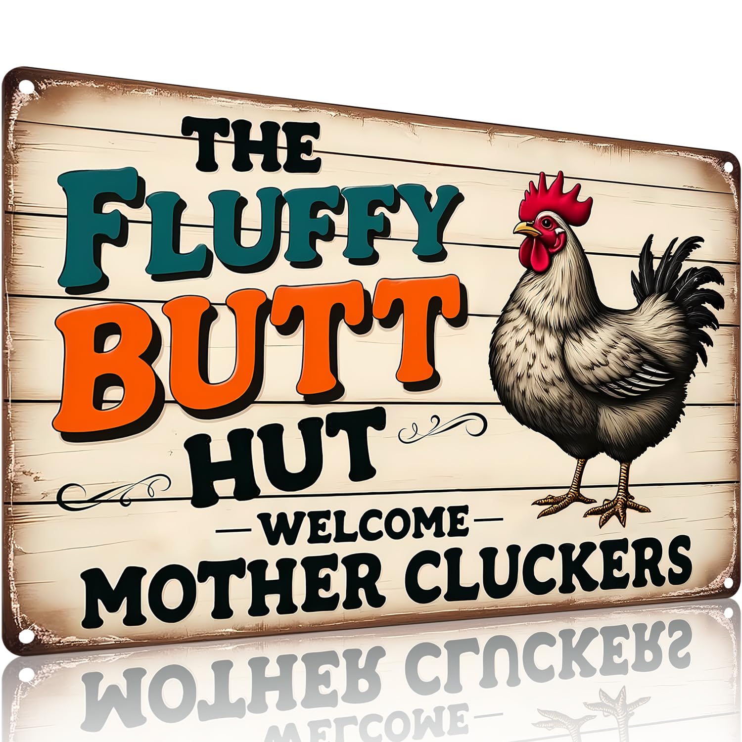 The Fluffy Butt Hut Metal Sign - Vintage Farmhouse Decor, Rooster Wall Art, 8x12 Rustic Metal Tin Sign (9701)