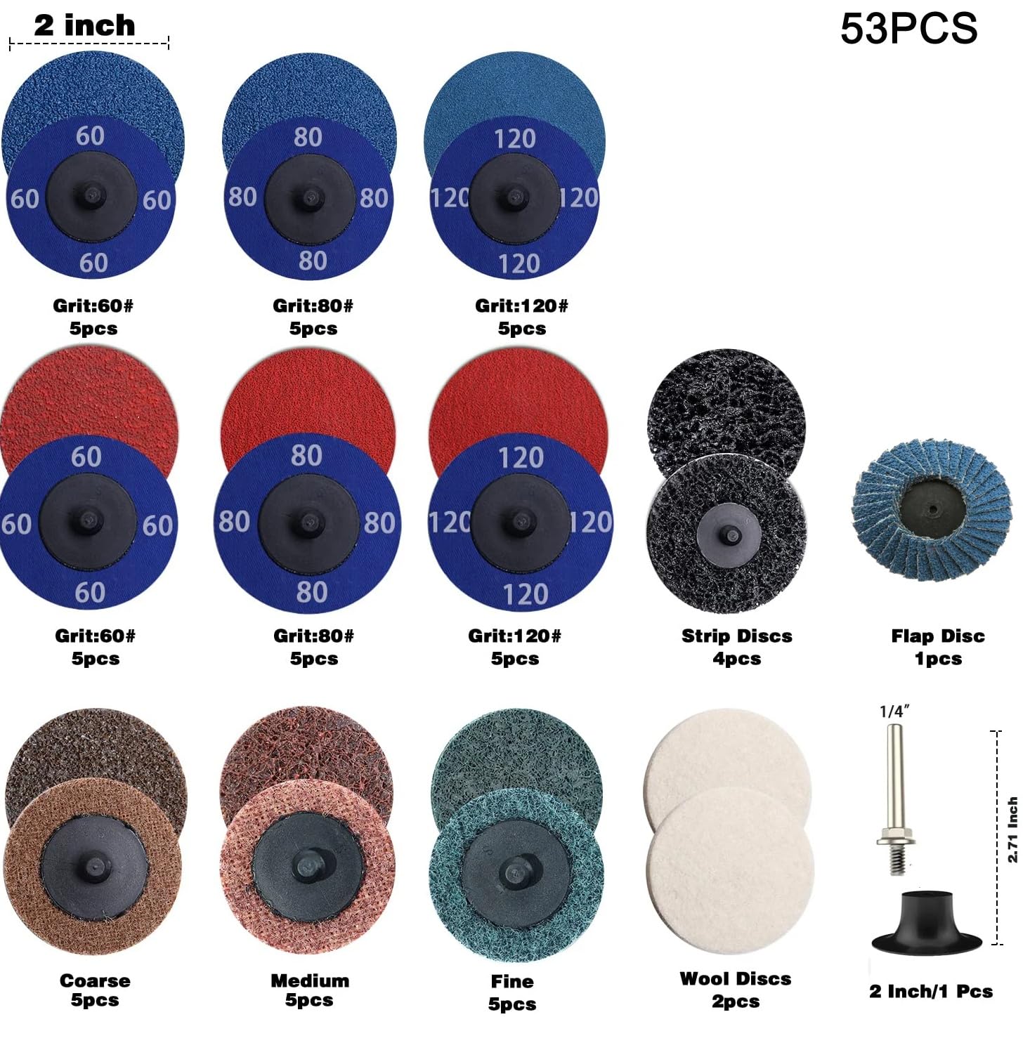 53PCS 2 Inch Sanding Discs Set Roll Lock Discs 1/4" Disc Holder Die Grinder Accessories for Surface Conditioning Burr Rust