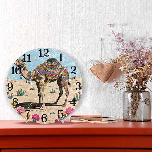 Miniatura 6 de KLL Vintage Boho Camel Cactus Flowers 10 Inch Round Wall Clocks Kitchen Non Ticking Art for Hotel School Home relojes de pared para cocina