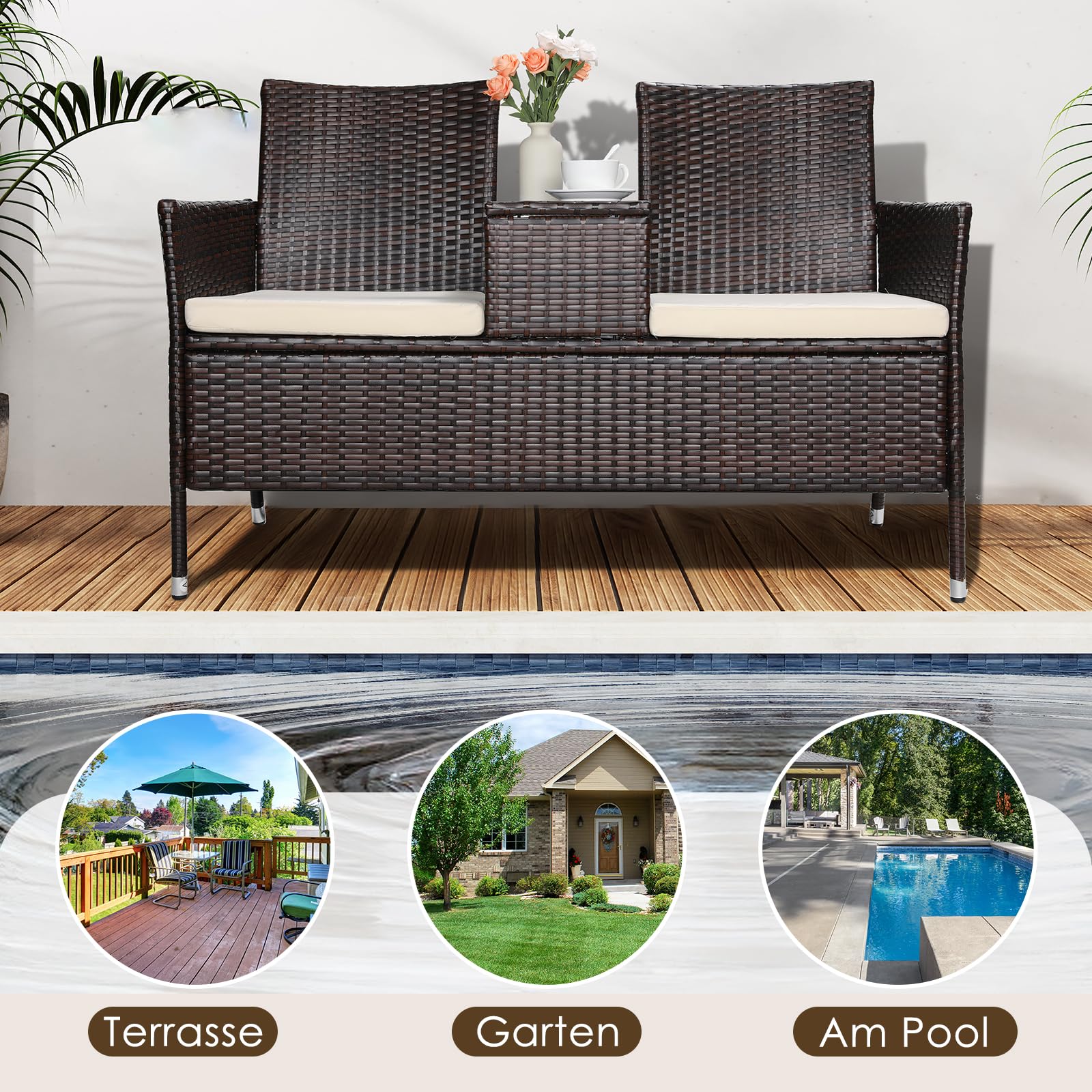 TLSUNNY Wetterfest Polyrattan Gartenbank, 2-Sitzer Gartenmöbel Set mit Integriertem Tisch, 2PCS Sitzkissen, Rattan Balkonmöbel, Bequem und Atmungsaktiv, 120X54X83cm, Groß Balkonmöbel Set, Braun