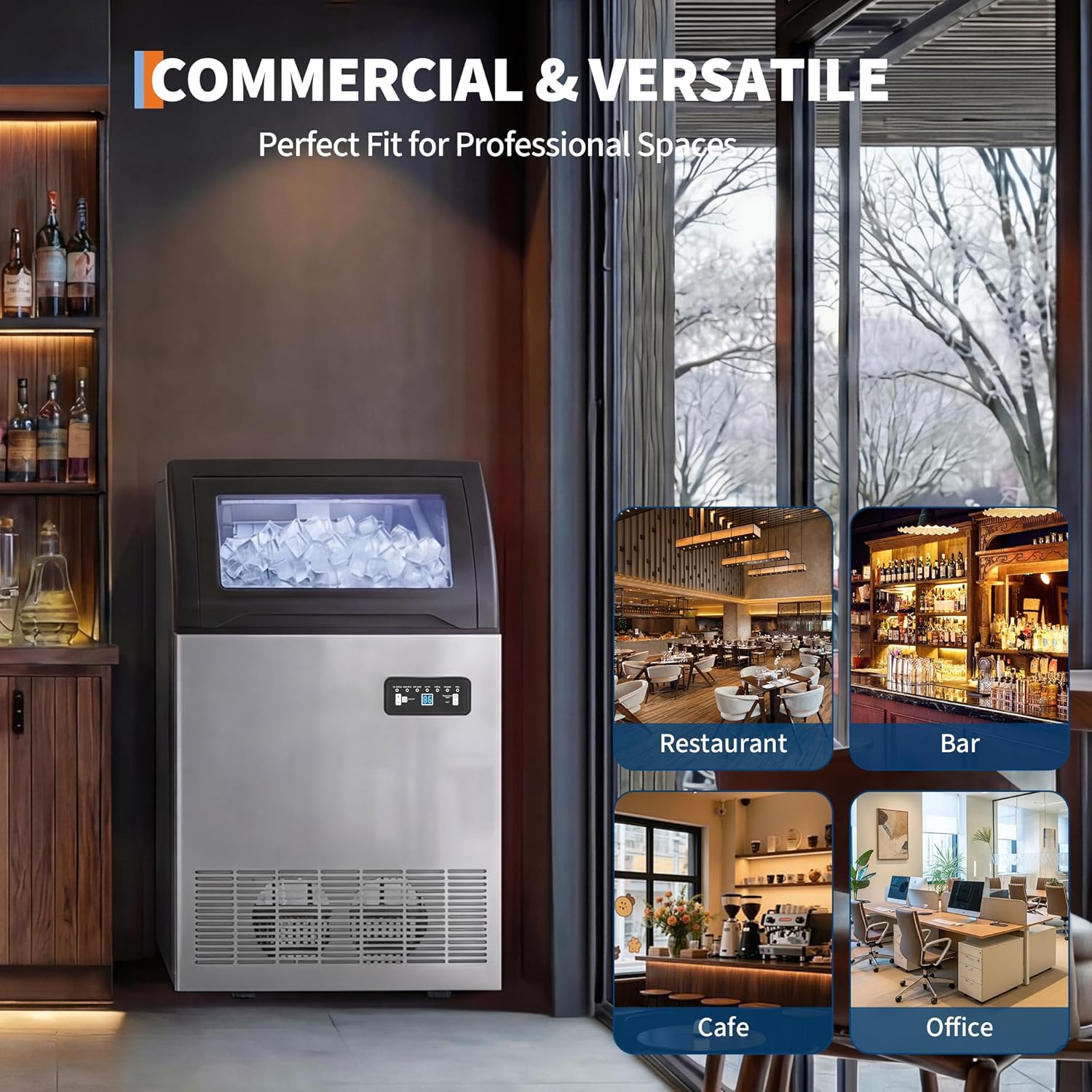 Commercial Ice Maker Machine 130 lbs/24h with 36 lbs Storage Capacity,Built-in/Freestanding Ice Maker with LED Display & Self-Cleaning, ETL Certified for Home Bar Restaurant