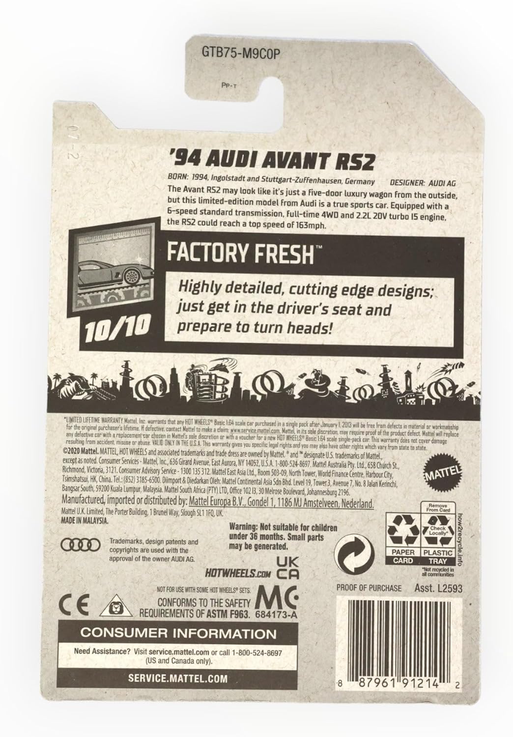 Hot Wheels 2021, '94 Audi Avant RS2 Silver, Factory Fresh 10/10, 157/250