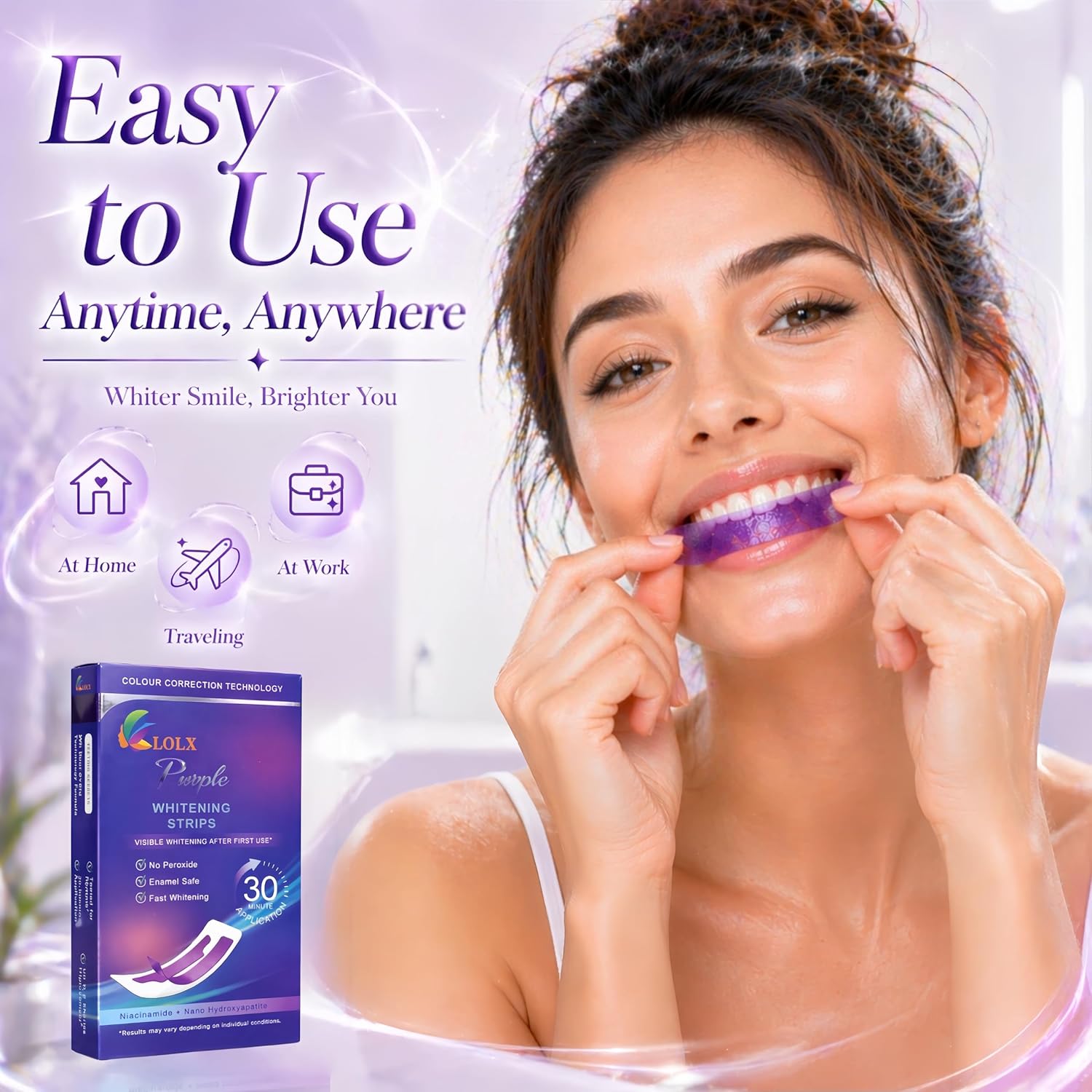 Purple Teeth Whitening Strips, Enamel Safe for Sensitive Teeth, Removes Yellow Stains & Bad Breath, Non-Slip Dry Strip Technology, Mint Flavor for a Brighter Smile (28 Strips)