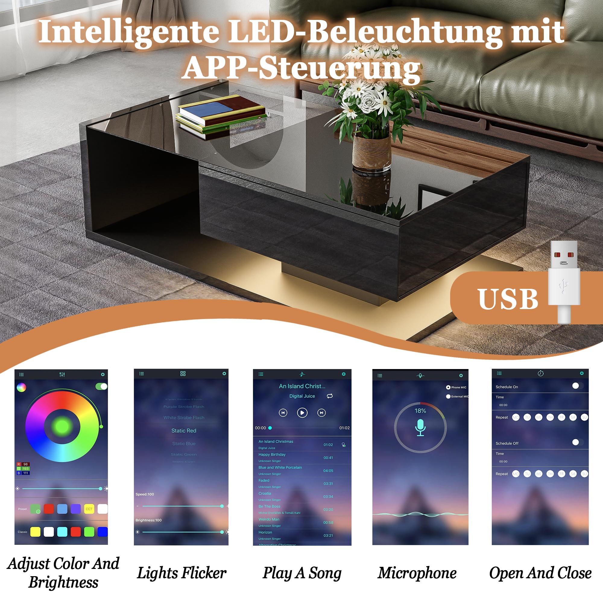 Mesa de centro con iluminación LED, 105 x 55 cm, color negro brillante, moderna mesa de salón con placa de cristal, compartimento de almacenamiento y luz LED RGB, elegante mesa auxiliar para