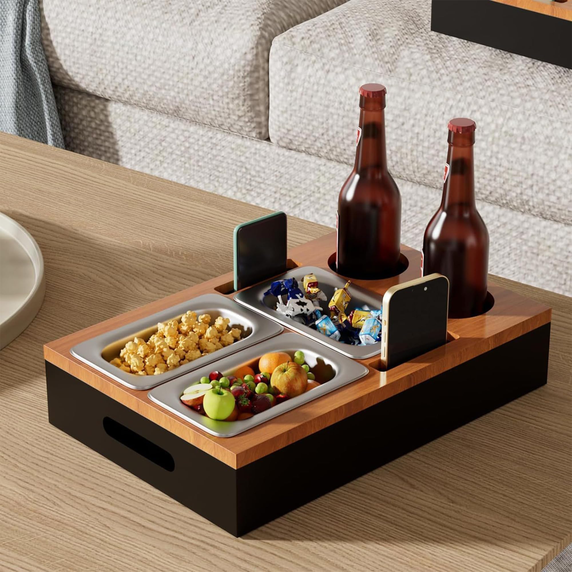 YUEMING Caja de aperitivos para sofá, bandeja de sofá de madera con cuencos de acero inoxidable, bandeja de servir para sofá, estante para sala de estar, dormitorio, jardín, camping