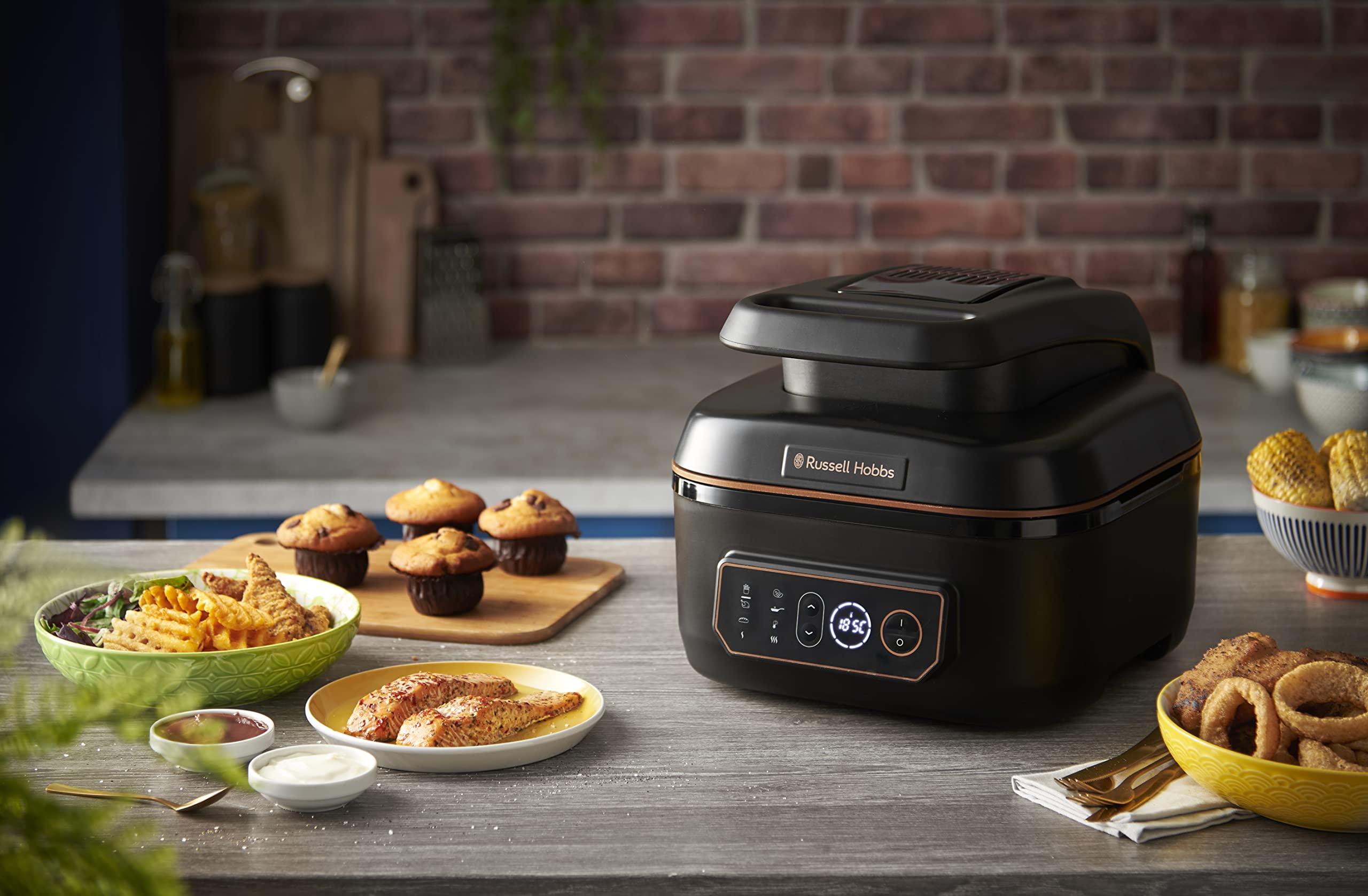 Russell Hobbs Friggitrice ad aria + Multicooker, XXL 5.5 L, 8 funzioni cottura, Energy saving, doppie resistenze come un forno, no olio, 1600 W, lavastoviglie ok, max 260°C, Satisfry & Grill 26520-56