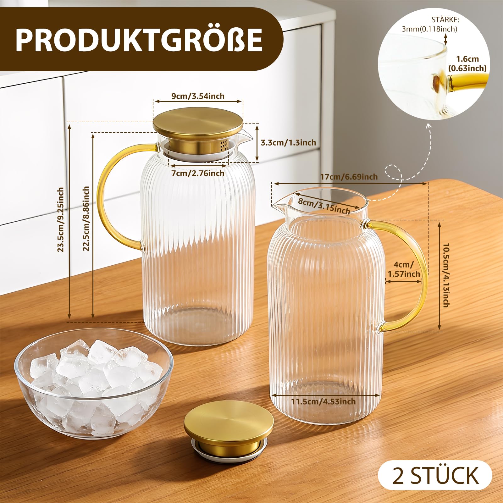 2 jarras de agua de 2 litros de cristal, jarra de cristal y tapa de acero inoxidable, hervidor de agua grueso de vidrio de borosilicato, resistente al calor, ideal para café frío, hielo, té solar