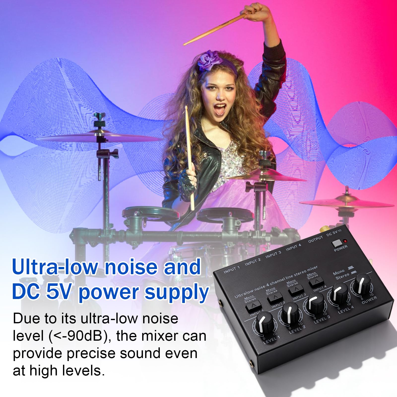Mixer Audio a 4 Canali, Mixer Audio Stereo, Mixer Attivo Con Cavo Audio da 6,35 mm e Adattatore da 3,5 mm a 6,35 mm, Mixer Audio Stereo a 4 Canali Con 4 Ingressi e 1 Uscita per Microfoni, Chitarre