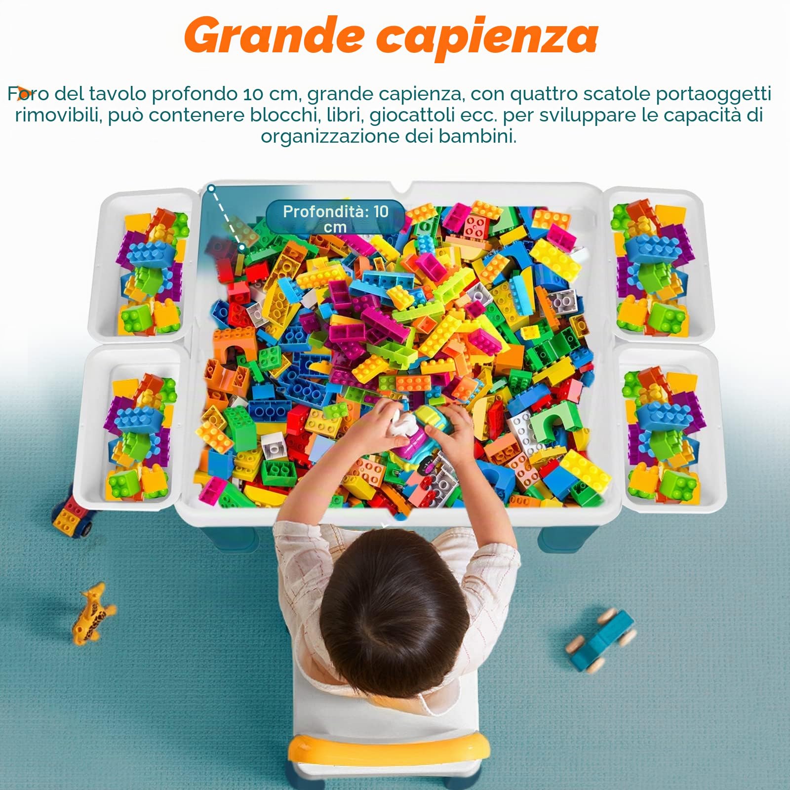 LZQ Tavolo per bambini con sedie 6 in 1 Tavolo da Costruzione per bambini, set di mattoncini da costruzione, tavolo da gioco con spazio per riporre oggetti