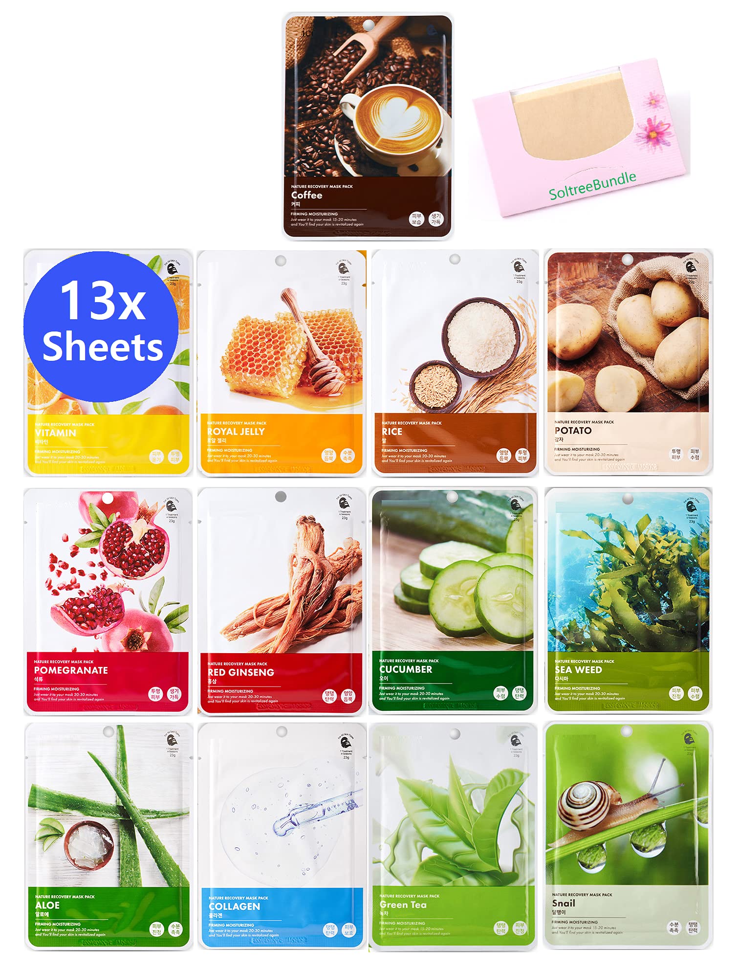 SoltreeBundle (Pack of 13) Nature Recovery Mask 13 sheets Korea Skincare - Hydrating, Moisturizing, Revitalizing, Elastic, Wrinkles with SoltreeBundle Oil Blotting Paper 50pcs