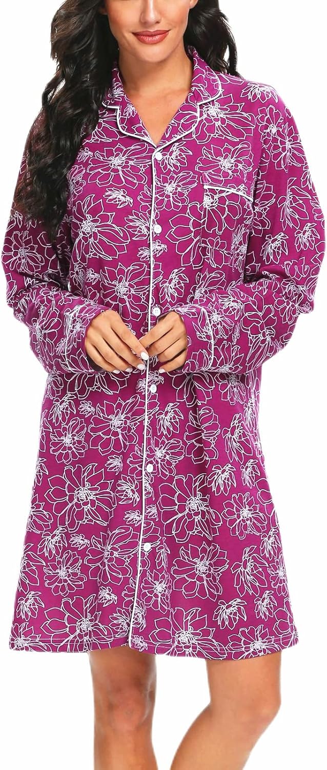 Tugege Nightgowns for Women Sleepwear V-Neck Button Down Night Shirt Long Sleeve Printed Pajamas Sleepshirts - Image 4