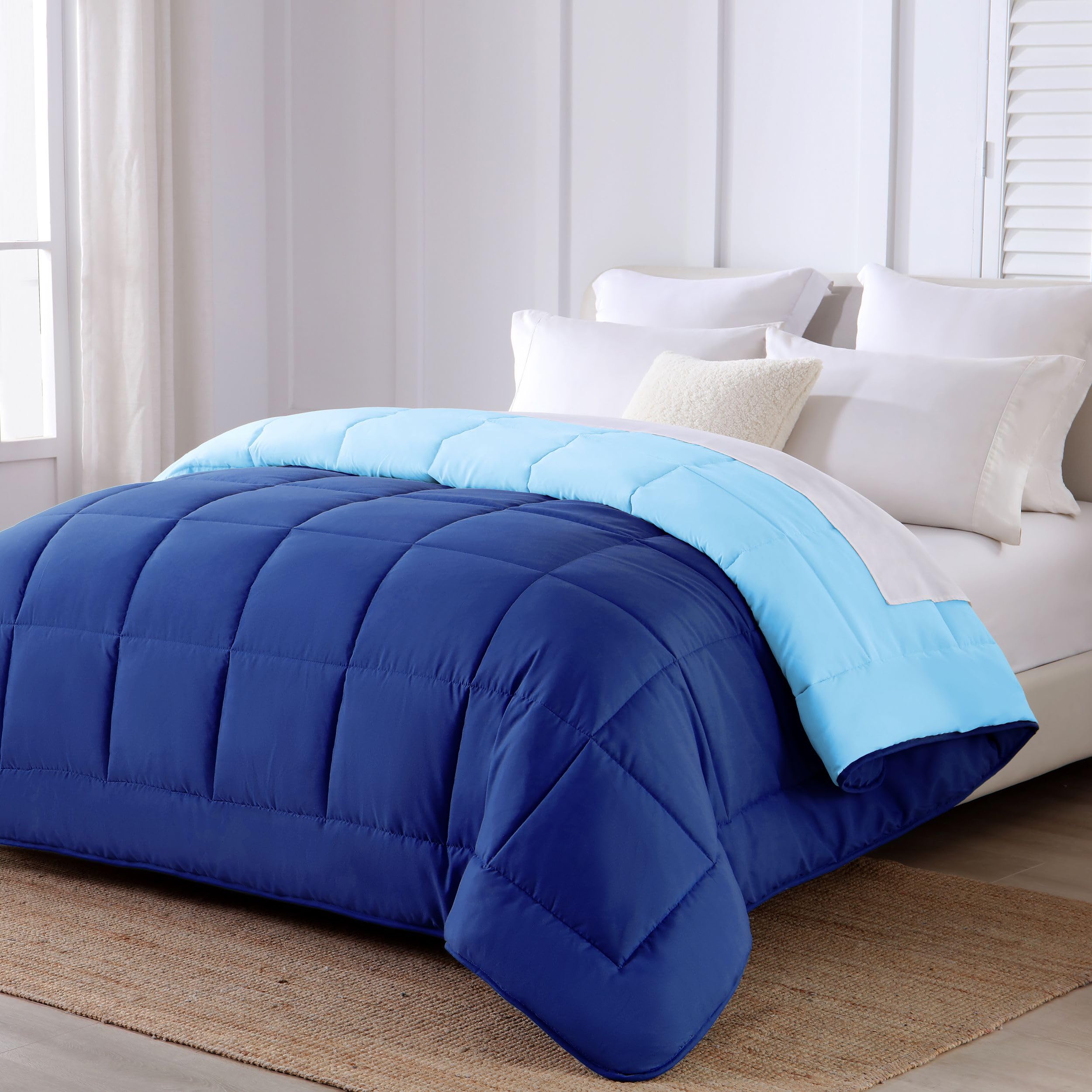 HOMEYA - Edredón de Fibra 170 gr/m2 - Edredón Relleno Nórdica Reversible de Dos Colores Cama 135, 220 x 220 cm - Suave, Transpirable, Ligera, 100% Poliérster, Celeste y Marino