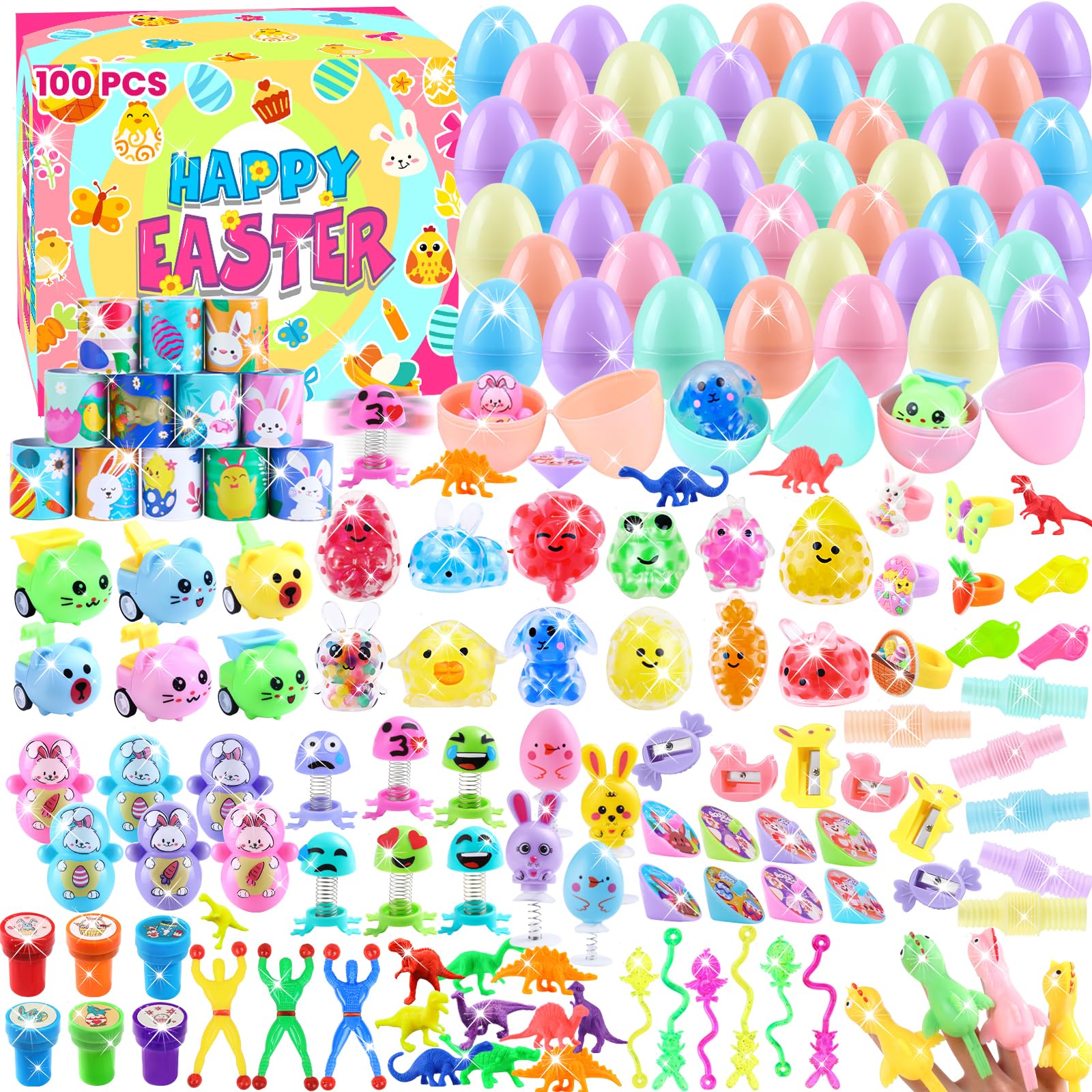 XIMISHOP 100PCS Prefilled Easter Eggs with Party FavorsFilled Easter Party Bag Fillers Easter Prize Box Toys for Boys Girls Easter Basket Stuffers Classroom Prizes Rewards Goodie loot Bag Fillers