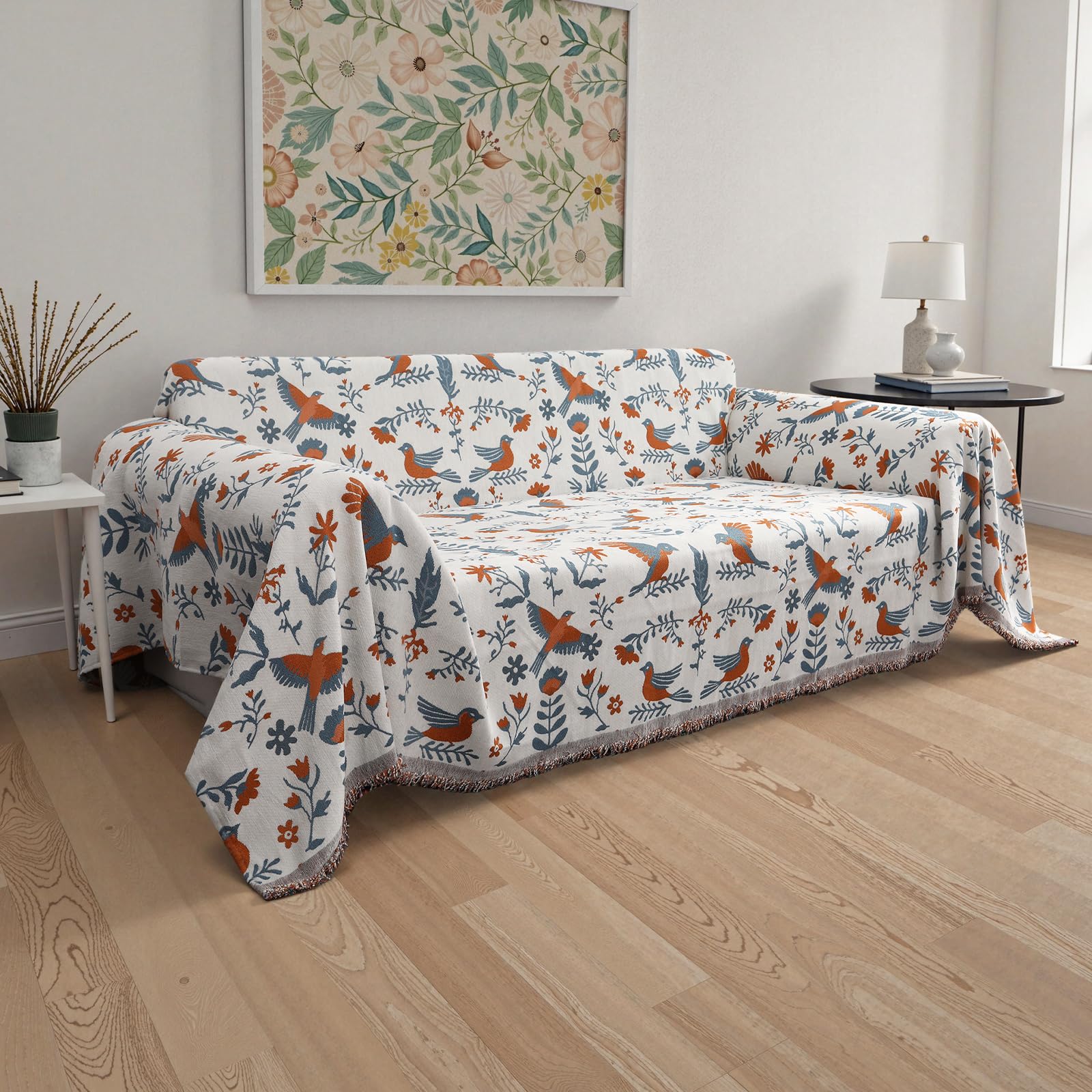 Roxooze Boho Couch Cover for 3 Cushion Couch, Soft Reversible Chenille Sofa Cover with Birds and Flowers Patterns, L Shape Sectional Sofa Slipcover for Dogs, Beige, 71" x 134"