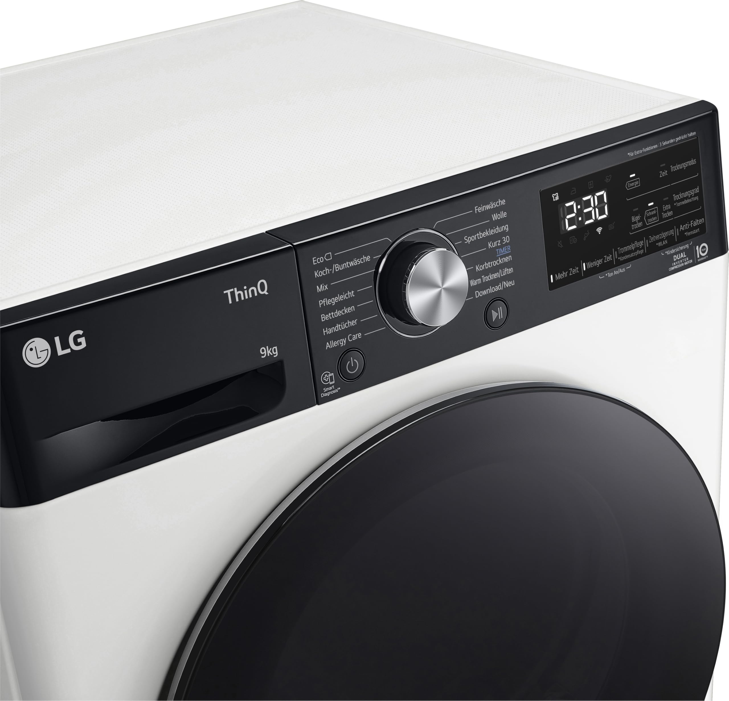 LG RT90V9P Wärmepumpentrockner – 9 kg Kapazität, Dual Inverter Technologie, Automatisch selbstreinigender Kondensator, Sensor Dry, Allergy Care, Reversive Trommel, Smart Diagnosis, ThinQ App, Weiß
