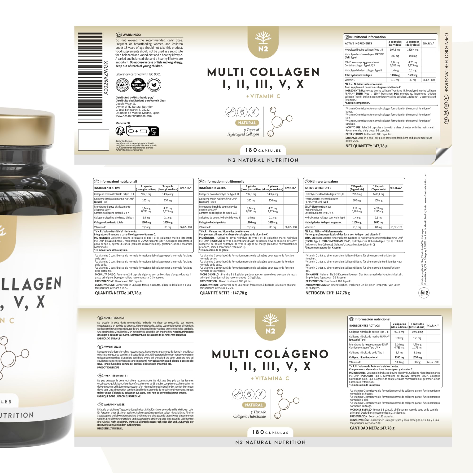 Multi Collagène Marin & Bovin 1650 mg + NAD+ Trans Resveratrol 1100 mg. Peptides Collagène Types I II III V X, Vitamine C & E. Peau, Articulations, Cellulaire. N2 Natural Nutrition