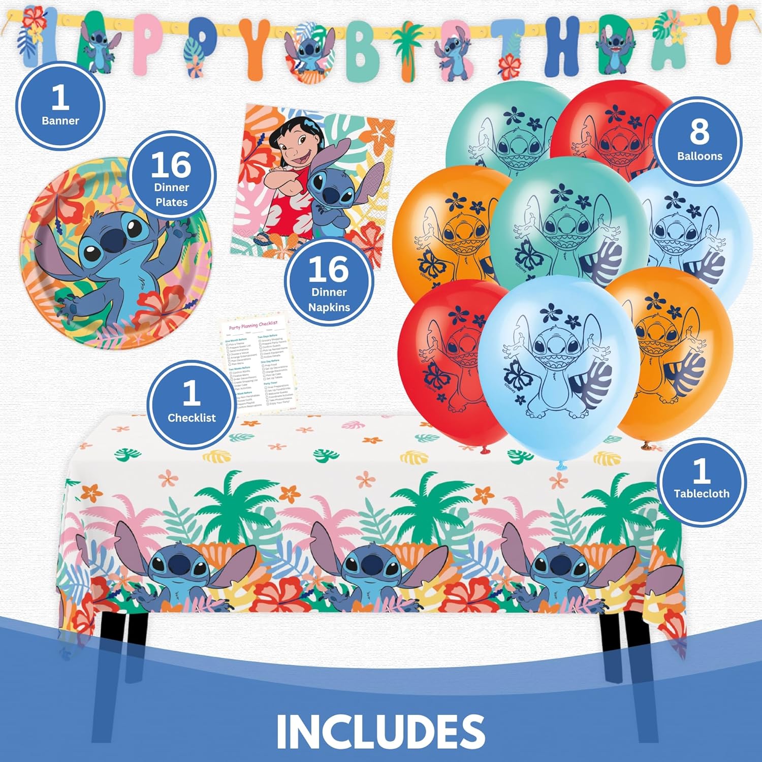 Lilo and Stitch Birthday Party Decorations | 16 Guests | Banner, Balloons, Plates. Napkins, Tablecloth, Checklist | Stitch Party Supplies | Officially Licensed