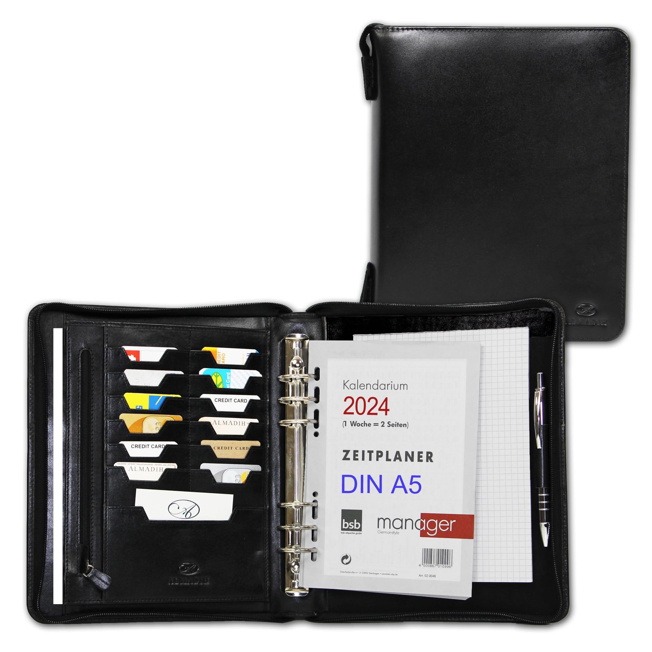 ALMADIHLeather A5 Organizer with Rings, Zipper, Calendar 2025 Writing Pad - Premium Cow Leather black - Personal Planner Conference Folder System Ring Binder Portfolio Folio Workbook Datebook