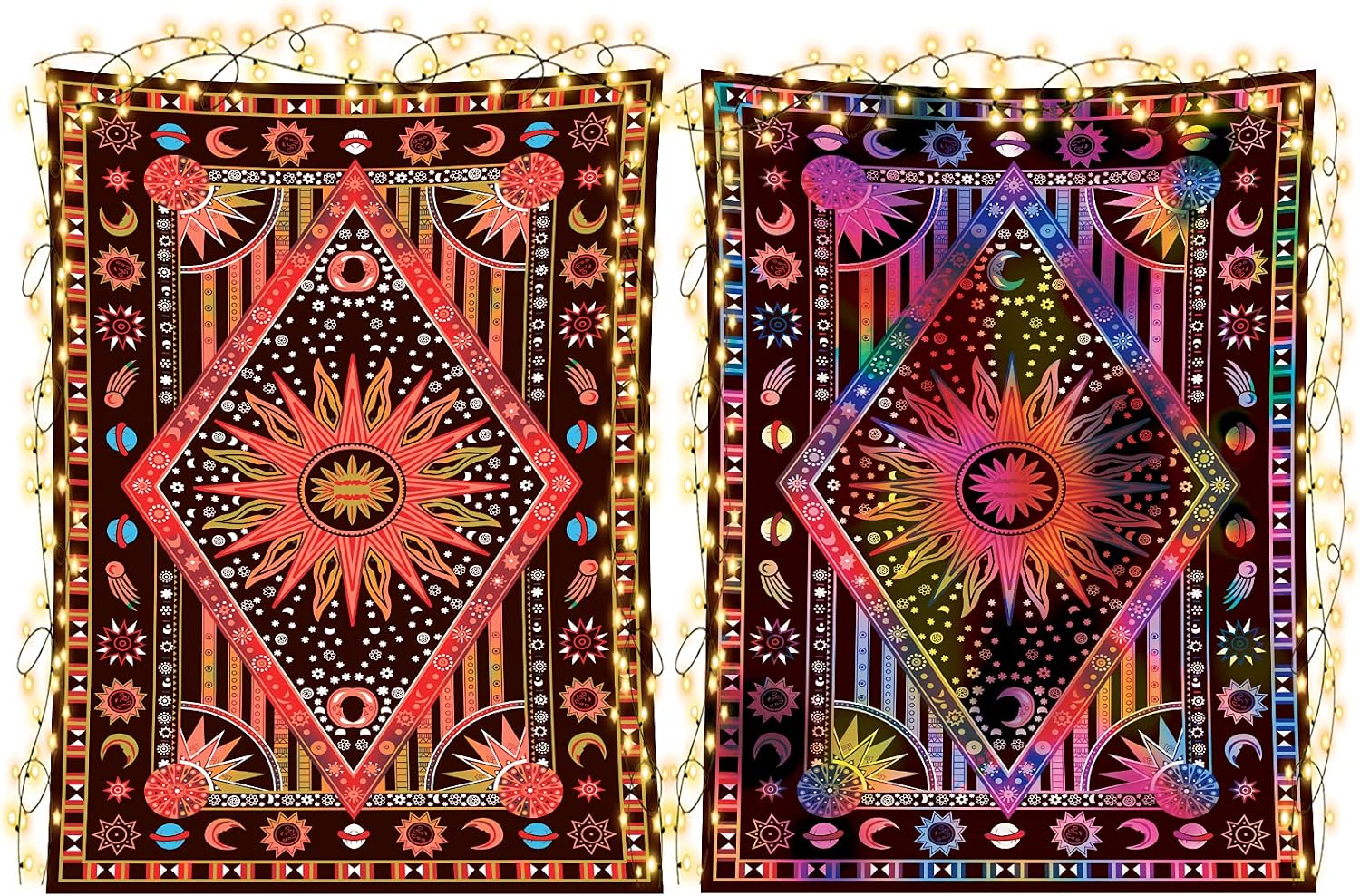 Woplagyreat Pack of 2 Burning Sun Tie Dye Tapestry, Celestial Sun Moon Star Planet Bohemian Poster Tapestry Tarot Wall Hanging Boho Hippie Hippy Beach Coverlet Curtain