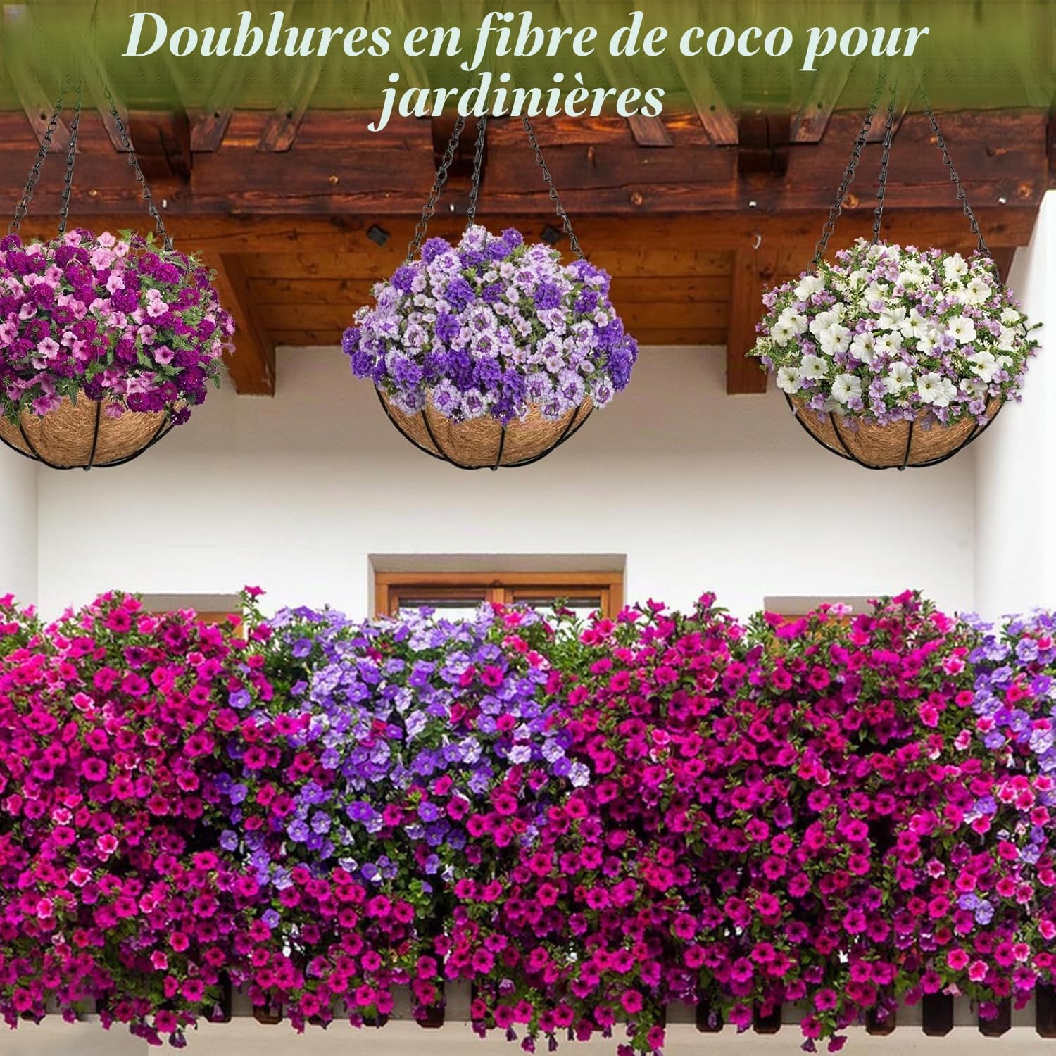 LATERN 4 Pièces Pots à Suspendu en Métal avec Doublure en Coco, 20CM Panier de Fleurs Ronds Suspendus de Doublure en Fibre de Coco avec 40CM Chaîne pour Jardin Porche Patio Plante Fleur Décoration