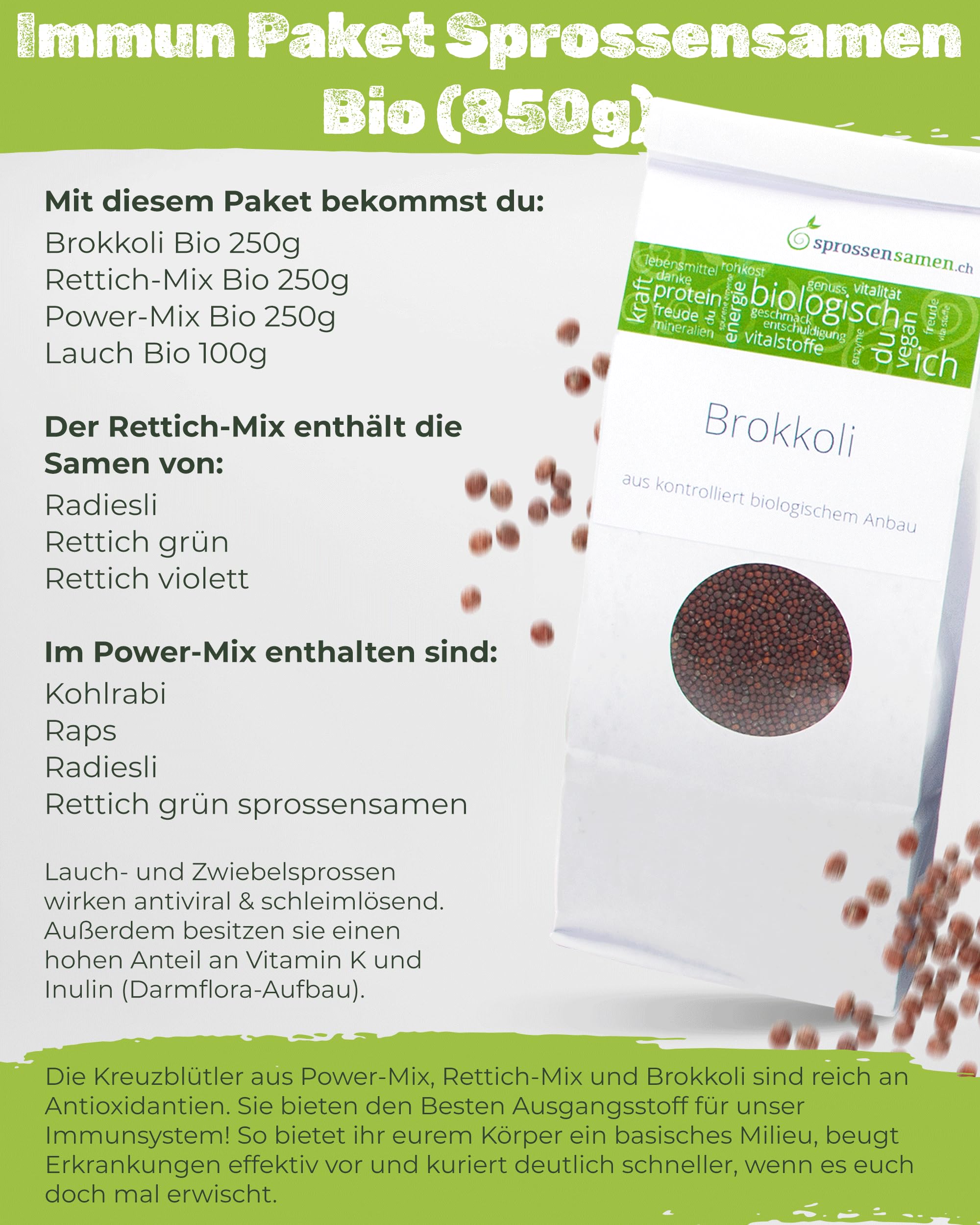 Immun-Paket bio Sprossensamen 850g für Keimglas - Brokkoli Bio & Rettich-Mix Bio & Power-Mix Bio je 250g und Lauch Bio 100g - Keimsprossen Samen für Sprossenglas
