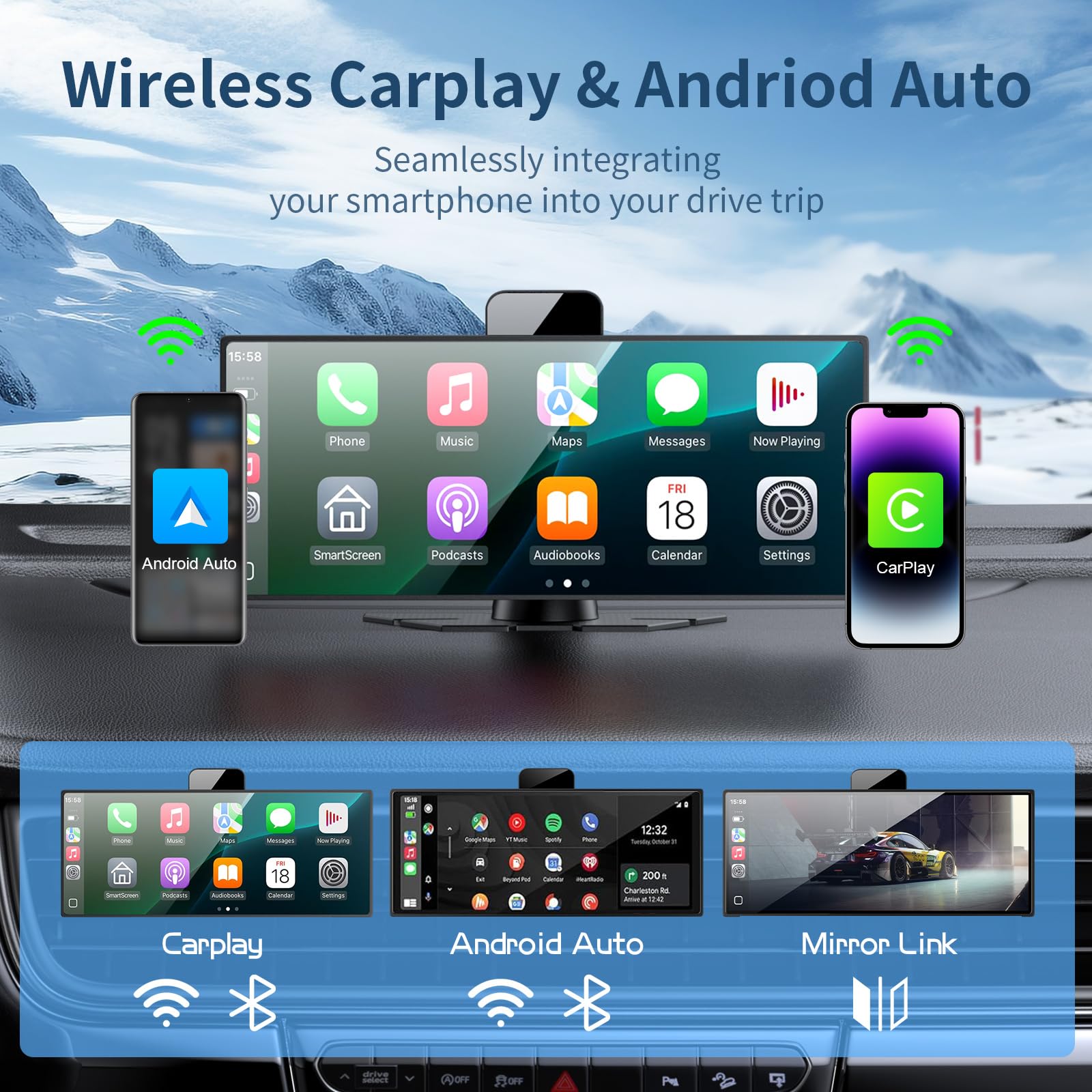 CarPlay Screen for Car Tablet Android Auto Smart Screen for Car, Portable Car Play with 3 Channel 4K Dash Cam,10.26” Wireless Display with FM Radio Stereo Bluetooth 5.2, 64GB TF Card Black