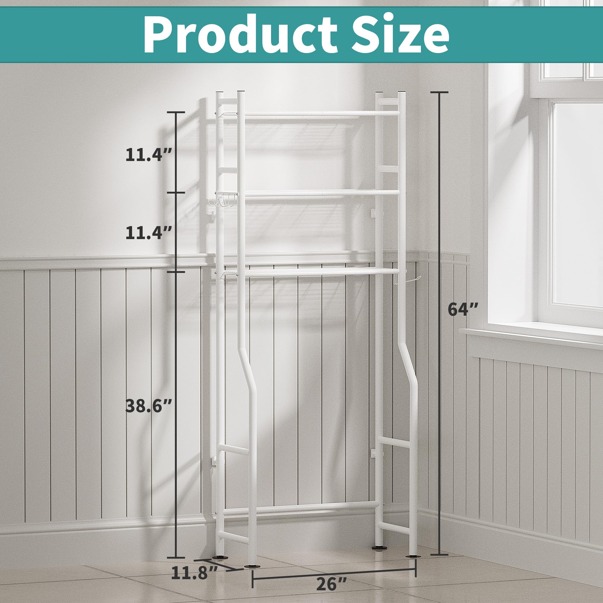 Almacenamiento de 3 niveles sobre el inodoro con soporte para papel, organizadores de baño de metal y almacenamiento para espacios pequeños, estantes de baño independientes con 4 ganchos 2