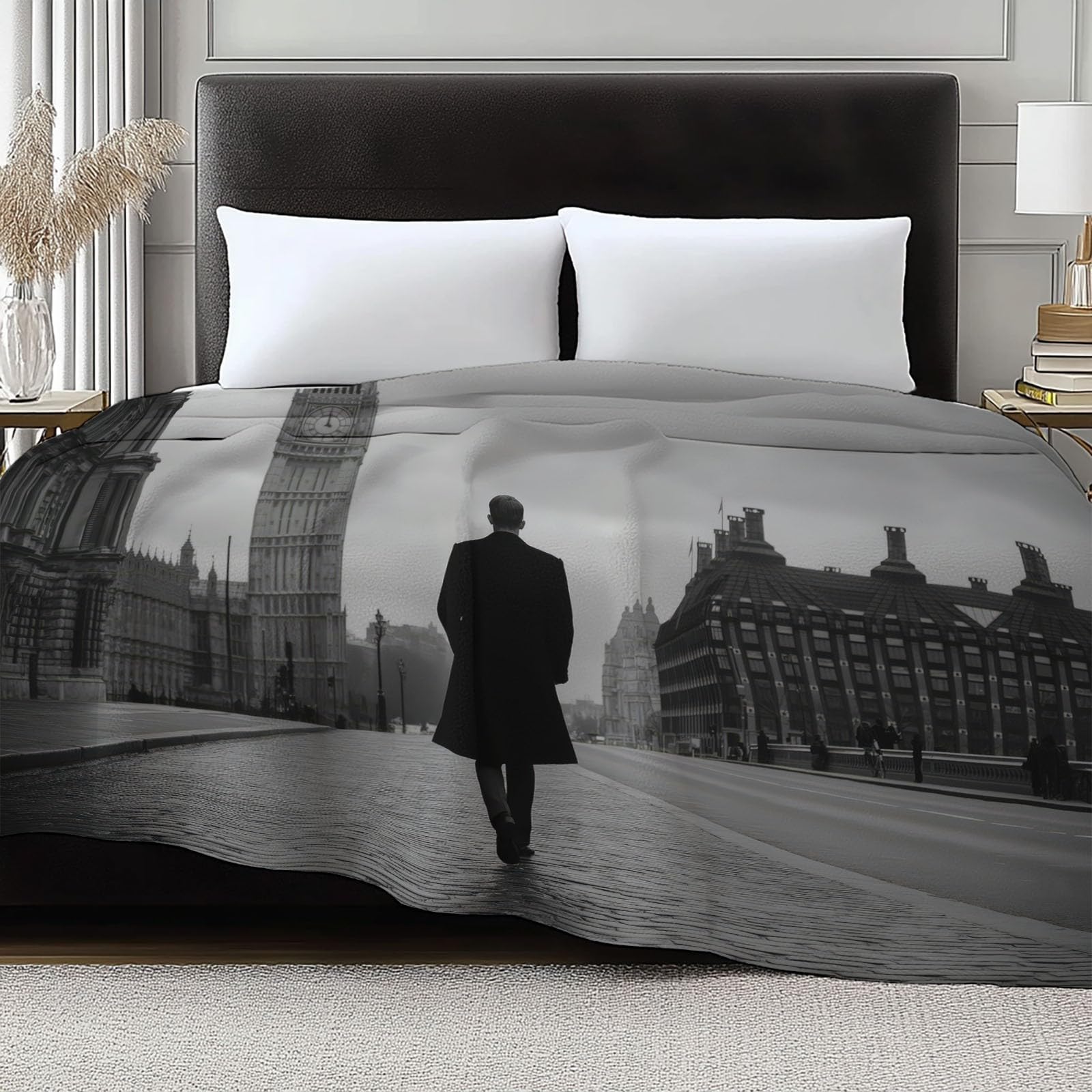 Genérico Flanelowy koc fotograficzny męski Big Ben koce Sherpa 150 x 200 cm miękkie ciepłe koce z mikrofibry, czarno-biały sofa koc wełniany kemping sypialnia salon dekoracja domu