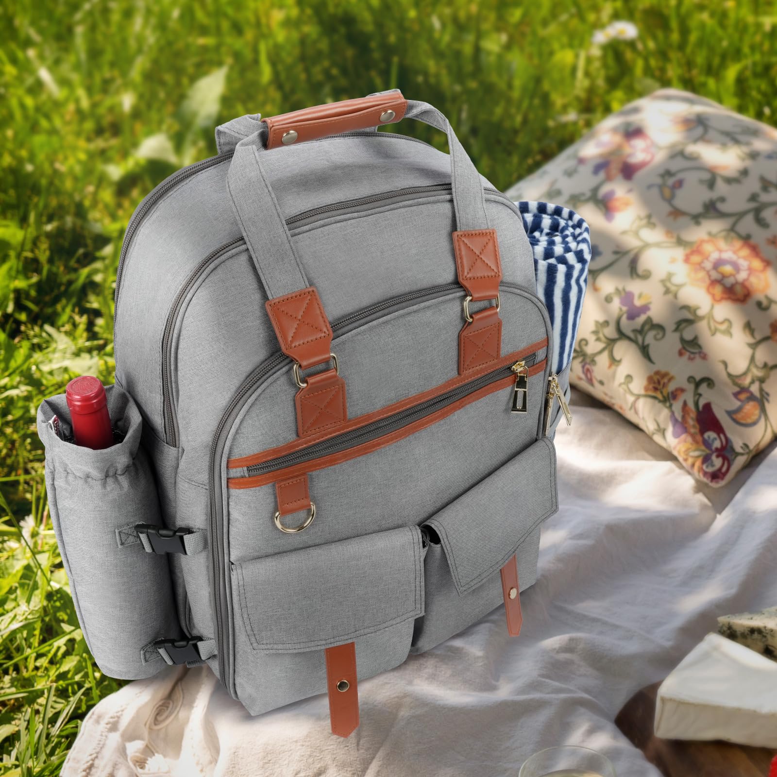 Sac à Dos de Pique-Nique pour 4 Personnes, avec Compartiment Isotherme et Porte-vin, Couverture Polaire et Couverts, pour Camping, Plage, Voyages, randonnée, Accessoires, Gris Clair