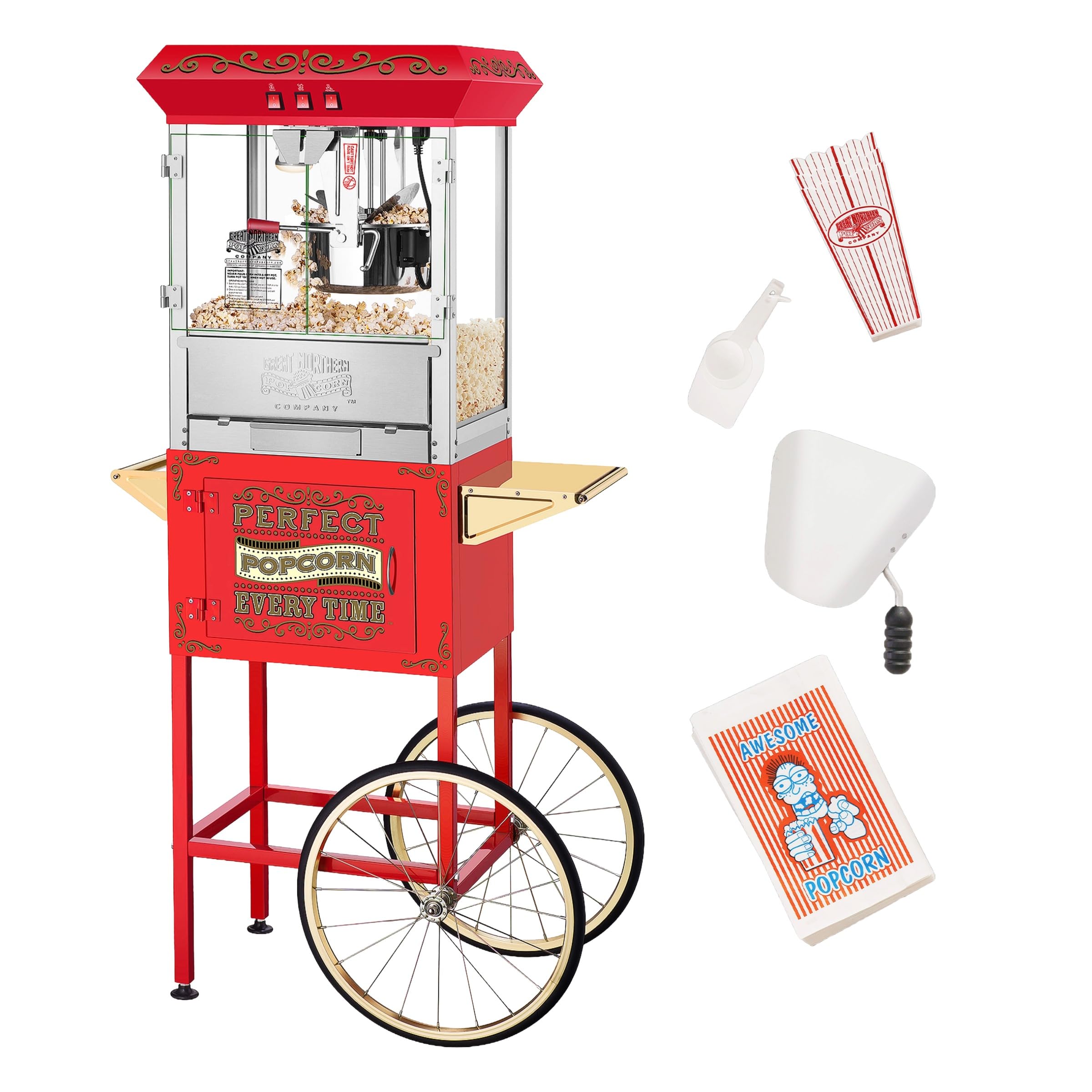 Photo 1 of Great Northern Popcorn Company 5995 10 oz. Perfect Popper Popcorn Machine with Cart - Red (5995 GNP Red 10oz. Full)