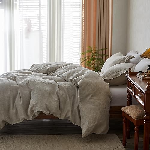 Miniatura 7 de Simple&Opulence Juego de funda de edredón 100% lino lavado de 88 x 92 pulgadas, juego de edredón suave de 3 piezas, doble bordado con cierre de