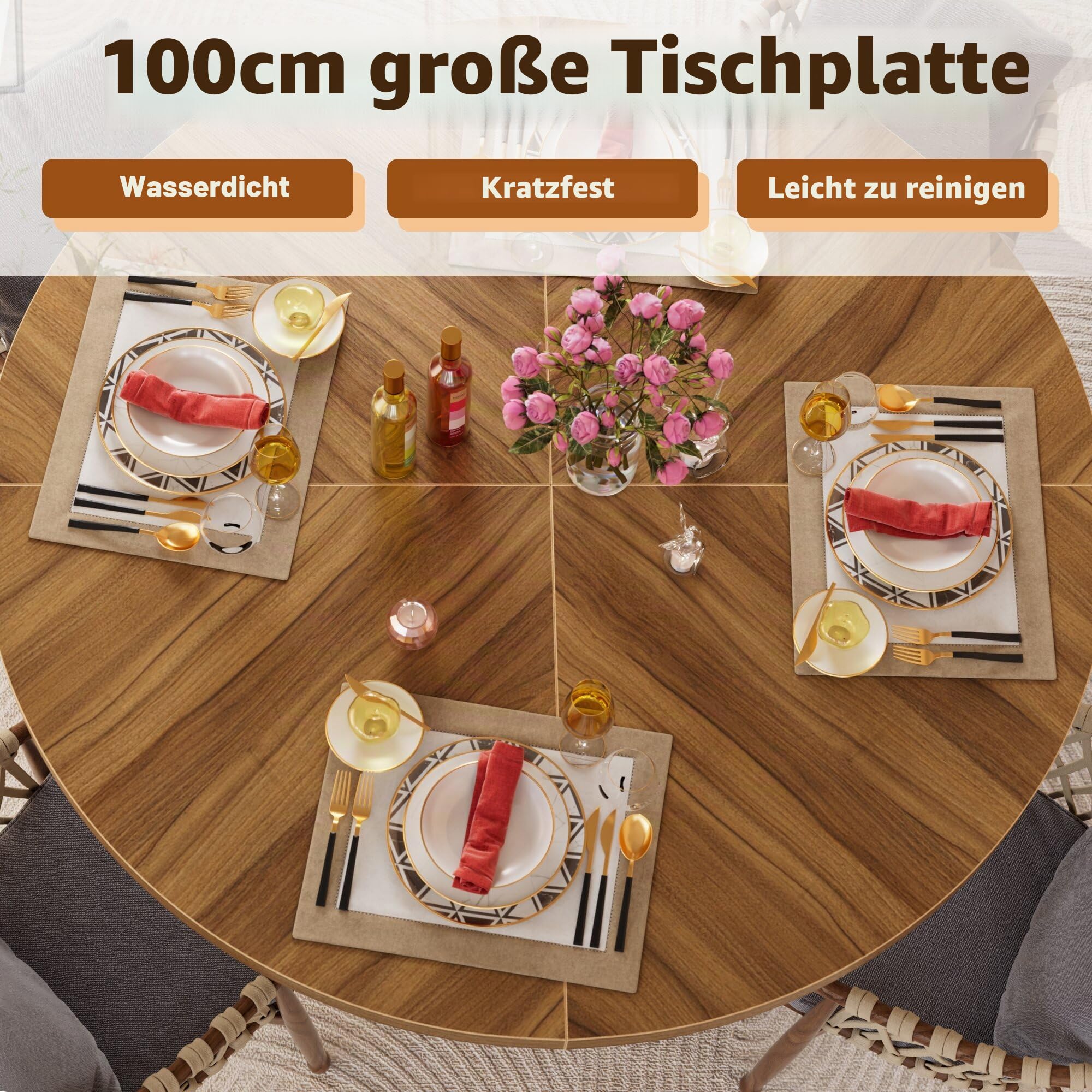 MSFE Runder Esstisch mit 2-lagigem Lagerregal und Holzschiebetür Küchentisch 100CM Moderner Küchentisch für 4 Personen Esszimmertische Stabil Esszimmertisch Rund aus Holz für Esszimmer Wohnzimmer